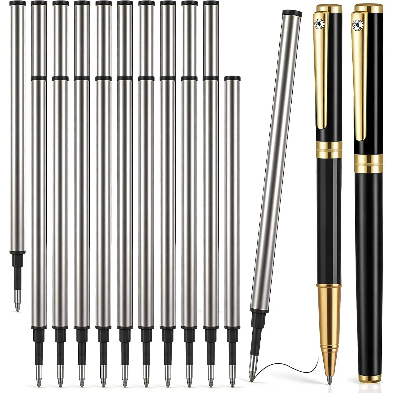 20 count 4.4 inch Replaceable Rollerball Pen Refills 0.5mm Fine Point Metal  Refills Compatible with Mainstream Fountain Pens Smooth Writing Quick Dry Anti-Bleed for School Office(Black Ink)