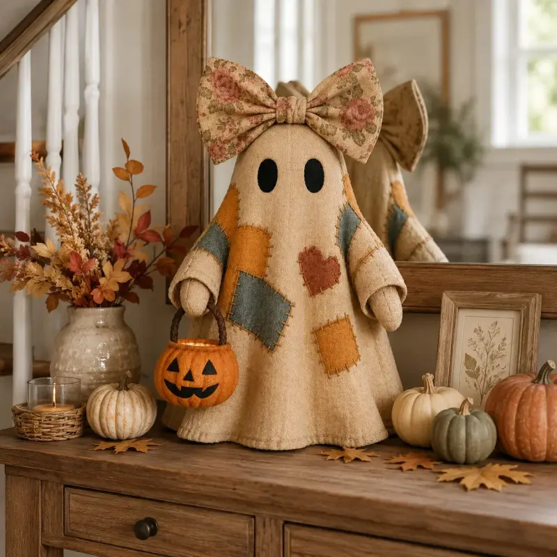 Creative resin ornament with bow, ghost carrying pumpkin, Halloween decoration Decor Figurine Resin Figurine Statue