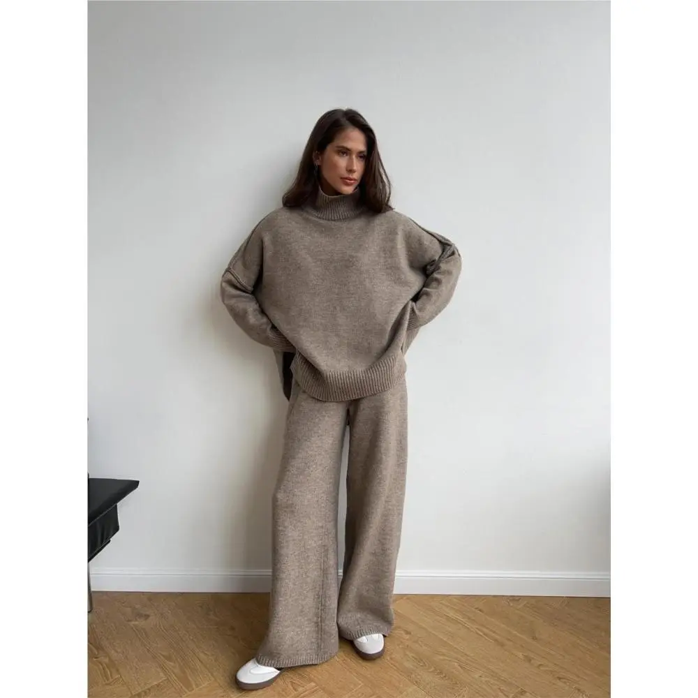 High-neck Slit Top Wool Sweater Set Loose Casual Knitted Trousers Two-piece Set  Trousers Fashion Trendy Solid Color Commuting