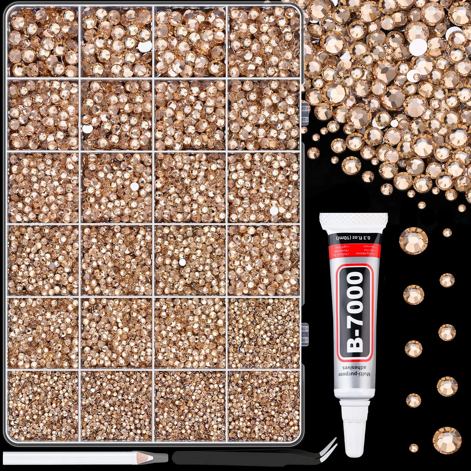 25000Pcs Resin Rhinestones for Crafting, Champagne 2-6mm Mixed Sizes Non Hotfix Flatback Gems with 1Pcs Glue, Bedazzling Crystal for DIY Craft Clothing Mugs Tumblers Shoes Fabric Decor Nail Art