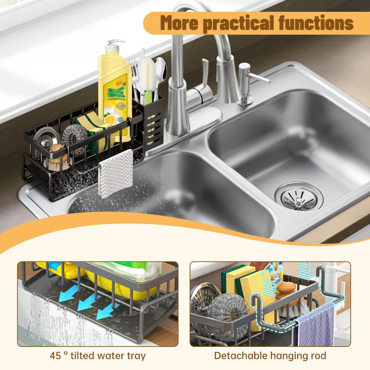 Kitchen Sink Storage Rack with High Brush & Sponge Holder Automatic Drainage System Durable Carbon Steel Ergonomic Partition Hollow Design Removable Water Tray for Sinks Countertops