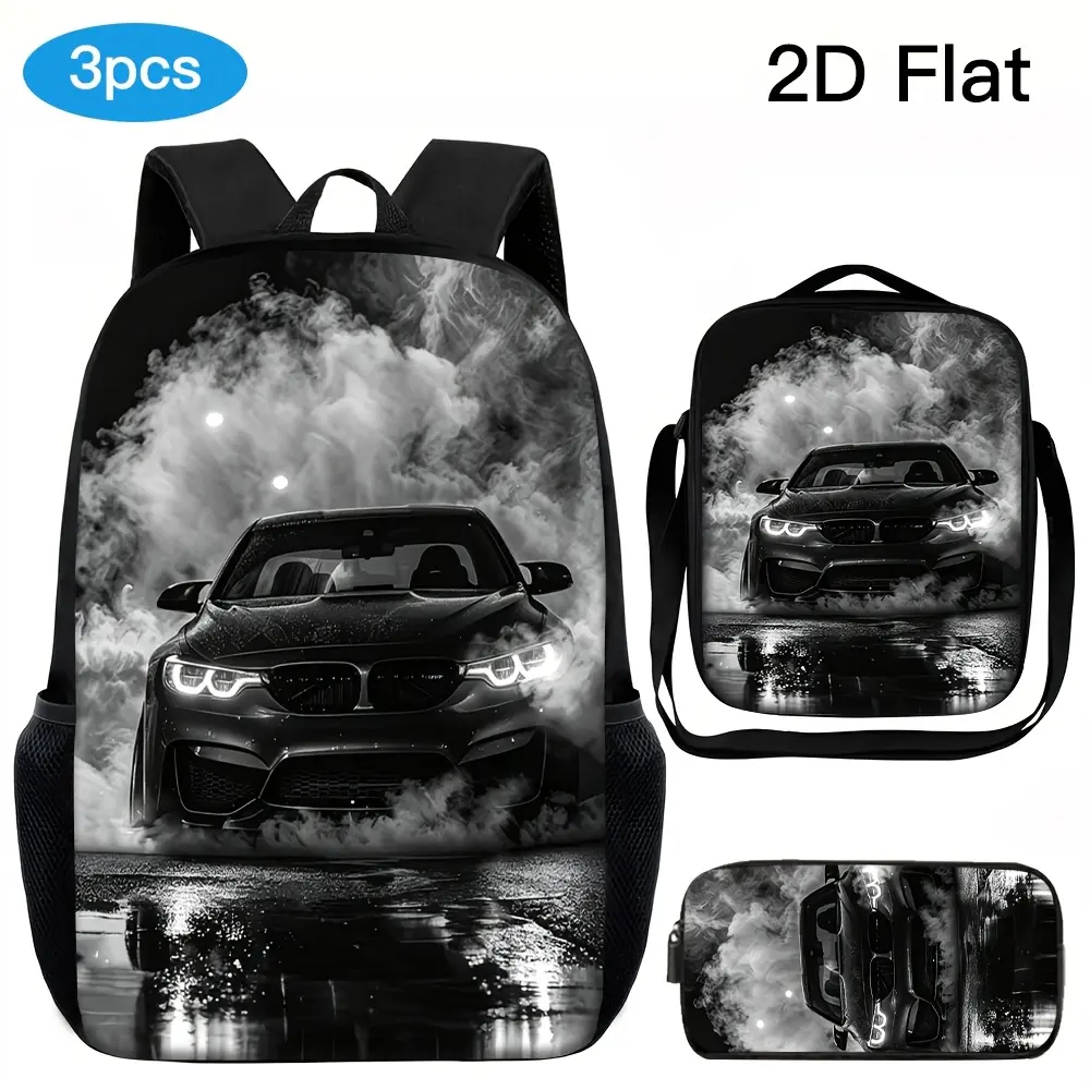 3pcs Unisex Large-capacity Backpack Set, Featuring a Cool Motorcycle Style with a Black and White Smoke Sports Car 2D Printed Pattern. Includes Adjustable Shoulder Straps and Zipper Closure. This Versatile and Portable Fashionable Backpack Can Be