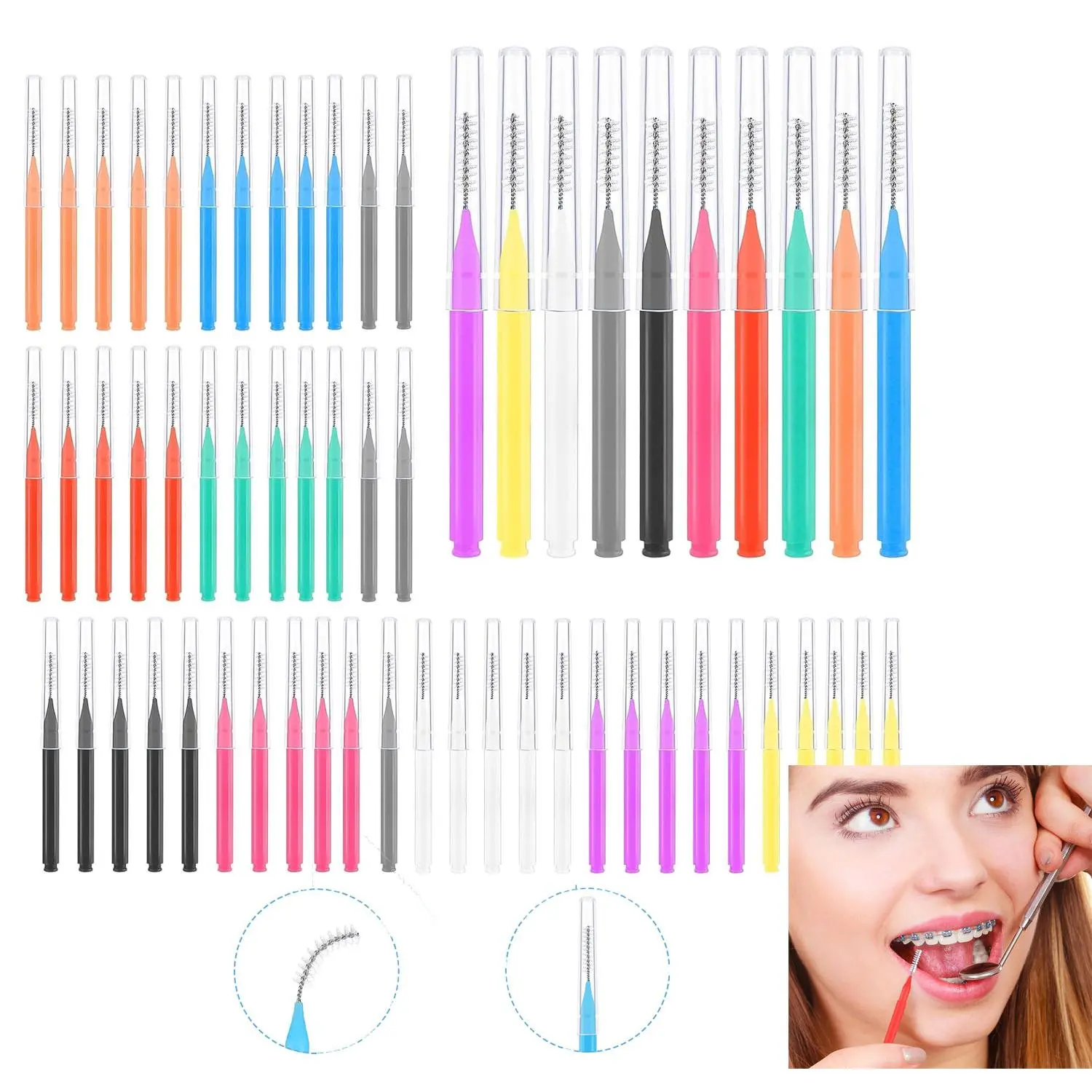 100 Pcs Interdental Brushes, 6 Sizes 10 Colors Soft Dental Floss Picks, Flexible Oral Cleaning Toothpicks, Professional Braces Flossers for Orthodontic Braces Daily Teeth Gap Cleaning