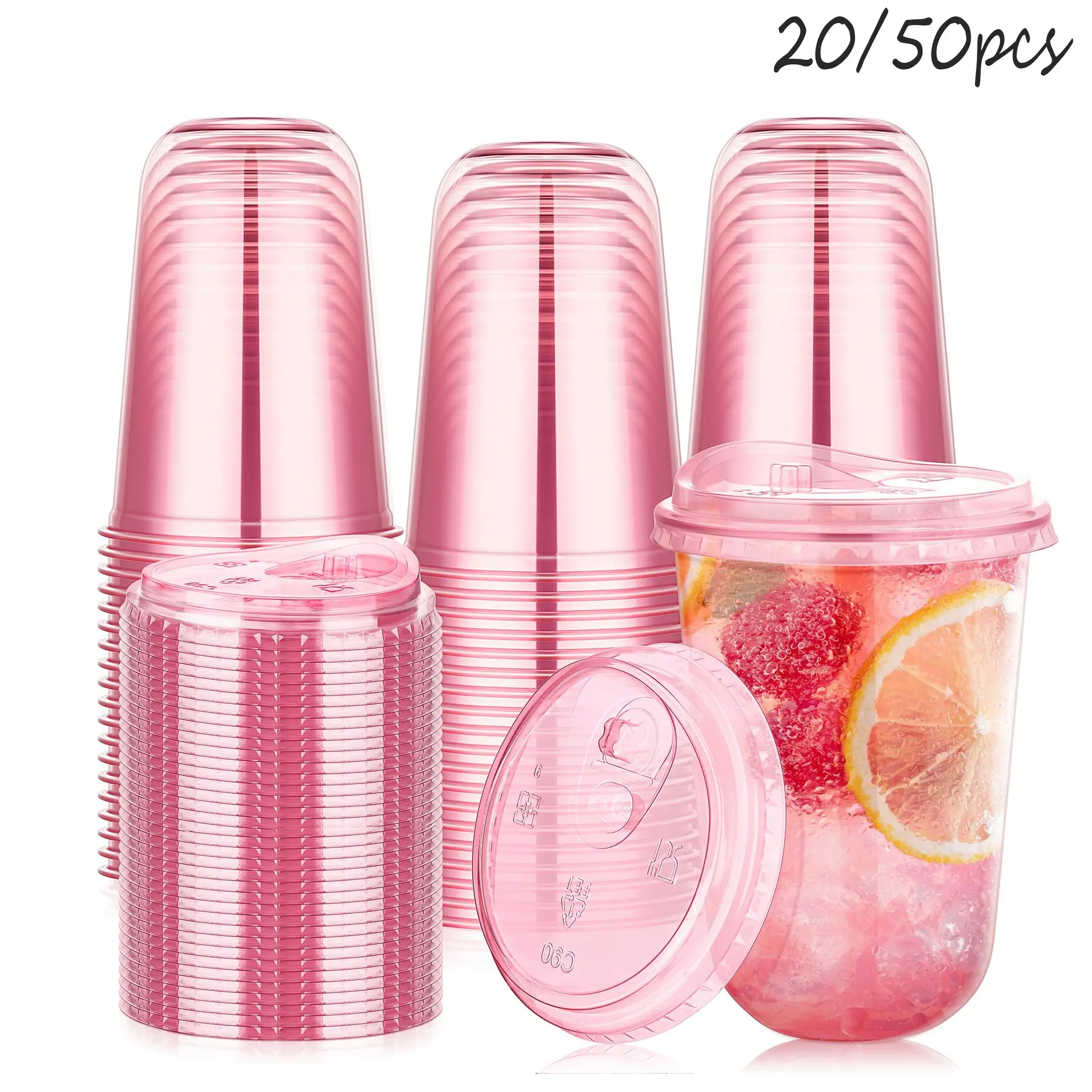 20/50 Pcs 16oz Plastic Party Cups with Straw Lid, Disposable Ice Coffee Cups, Disposable Iced Coffee Cups with Lids, Round Bottom No Handle, Ideal for Valentine's Day, Carnival, Singles' Night, Bulk Plastic Cups