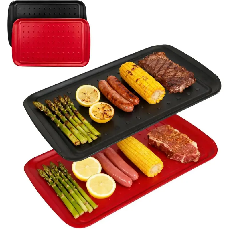Rectangular Stackable Grilling Prep & Serve Trays Set (17"x10.5"x0.4"), Durable Extra-Thick Warp-Resist. BBQ Platters with Non-Slip Base, for Marinating, Backyard Parties, Camping (Red & Black) - Picnic Basket Compatible Home Organizer Storage Trays, Nest