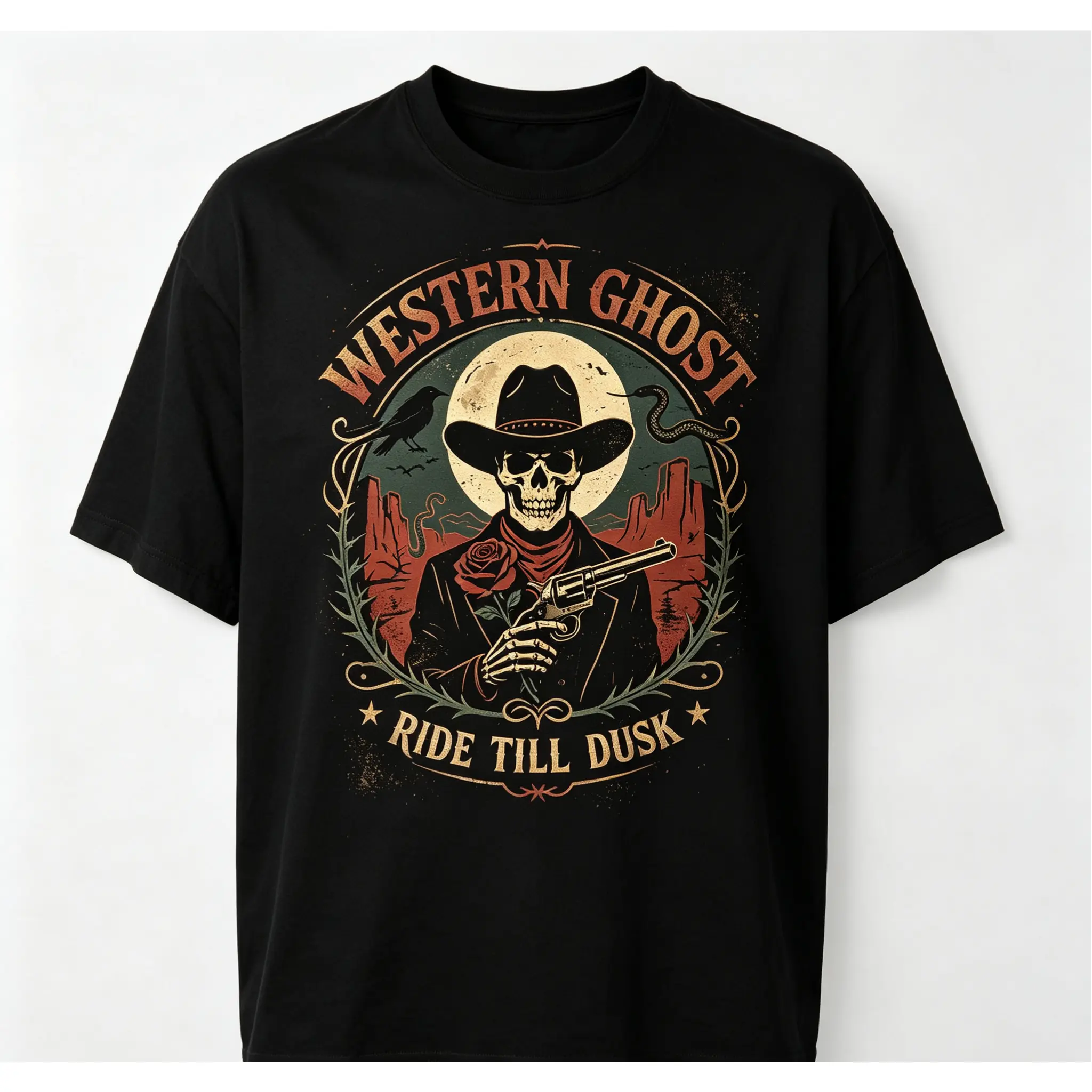 Vintage Western Ghost Cowboy Skeleton T‑Shirt, Retro Ride Till Dusk Graphic Tee, Men’s Gothic Wild West Country Short Sleeve Shirt For Casual Streetwear