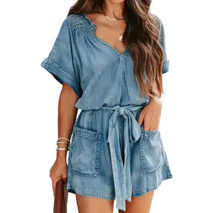 Women's Ruffle Denim Romper Summer Short Sleeve V Neck Belted Jean Overall Shorts With Pockets Casual Cotton Jumpsuit