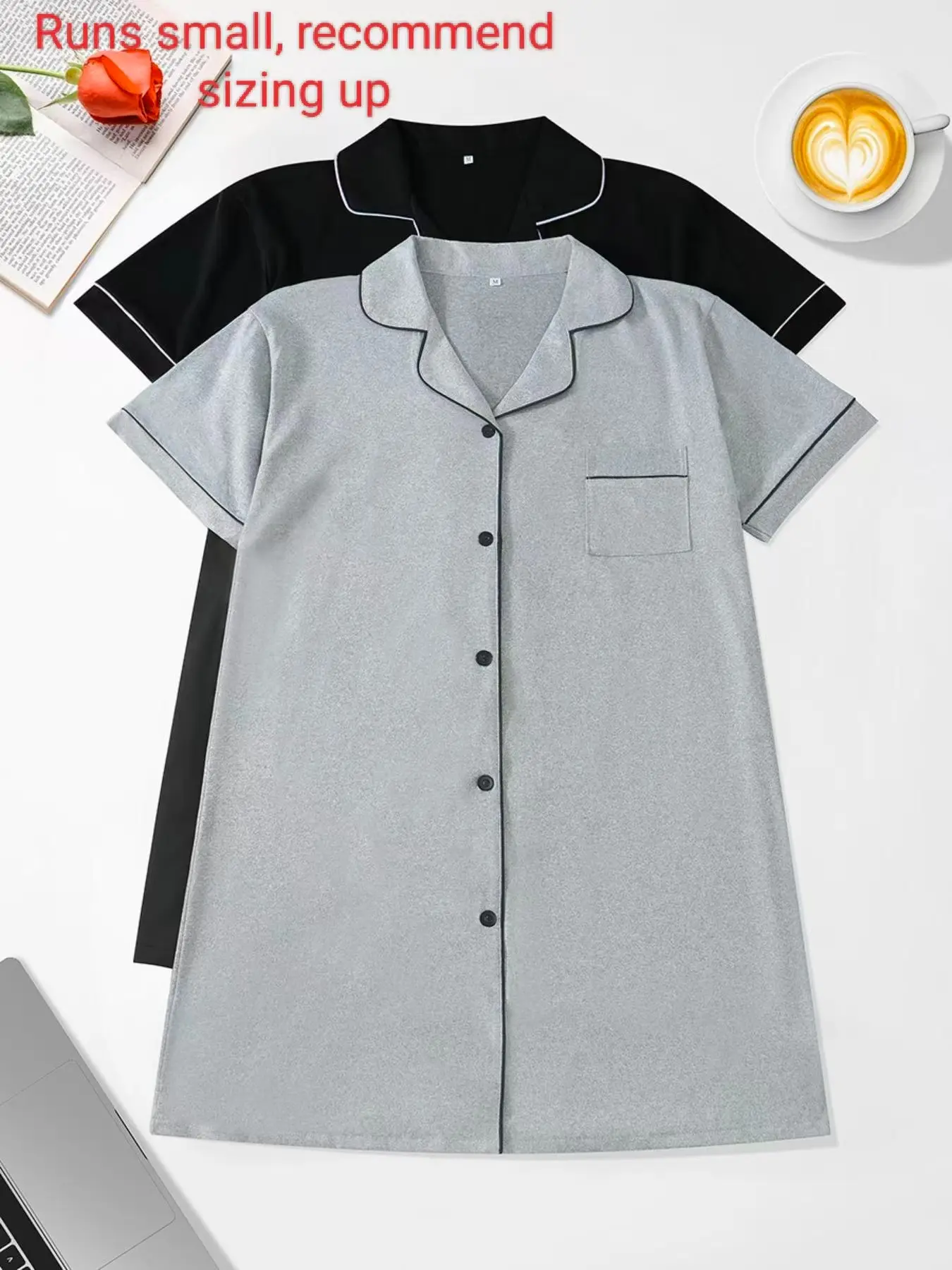 Women's Nightdress Set, Comfortable Casual Basic Minimalist Fitted Aesthetic Homewear, Spring Summer Autumn Sleepwear Loungewear, Ladies Home Clothing, 2 Piece Outfit, Collared