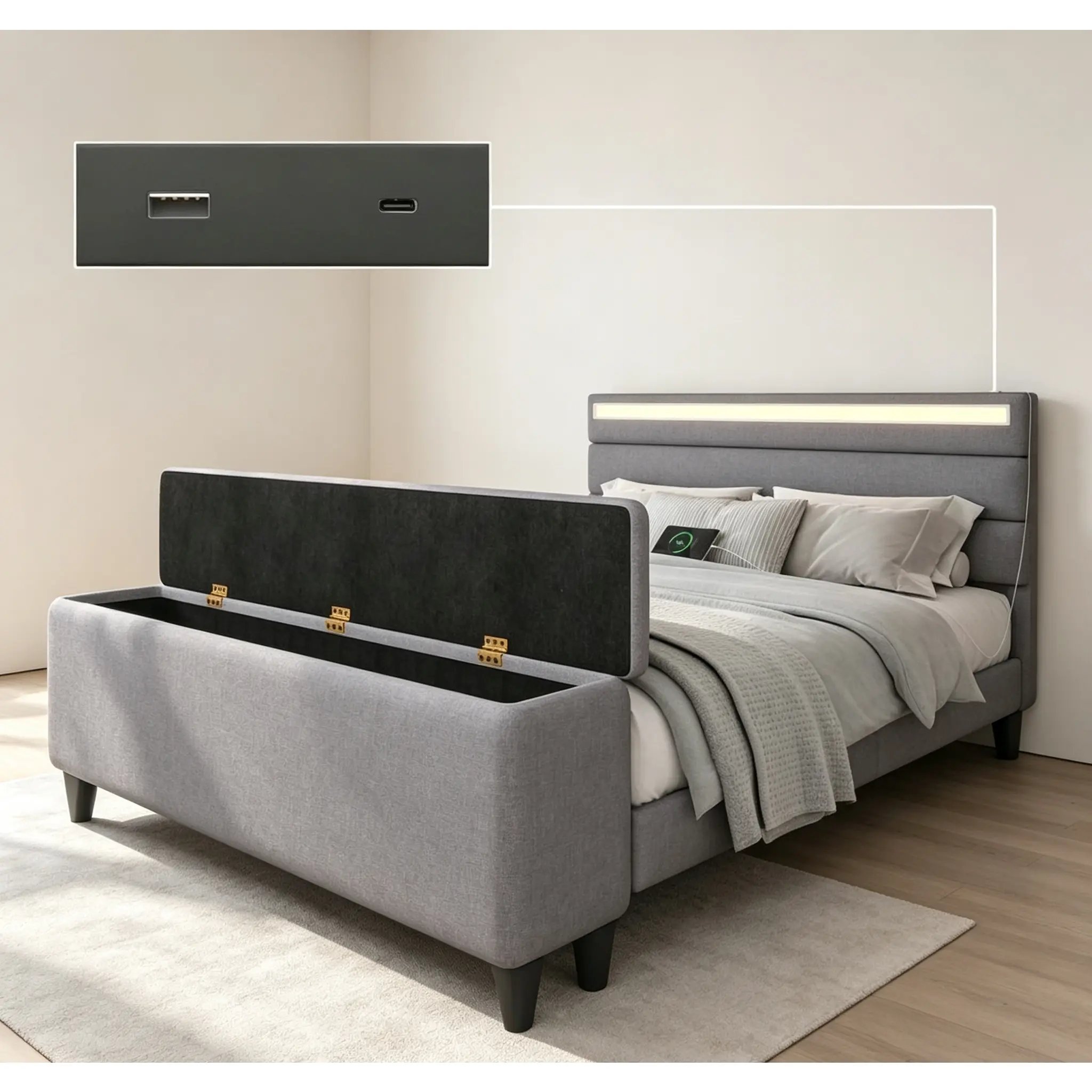 Upholstered panel storage bed with footboard storage cabinet, LED ambient lights and charging ports, no spring mattress required