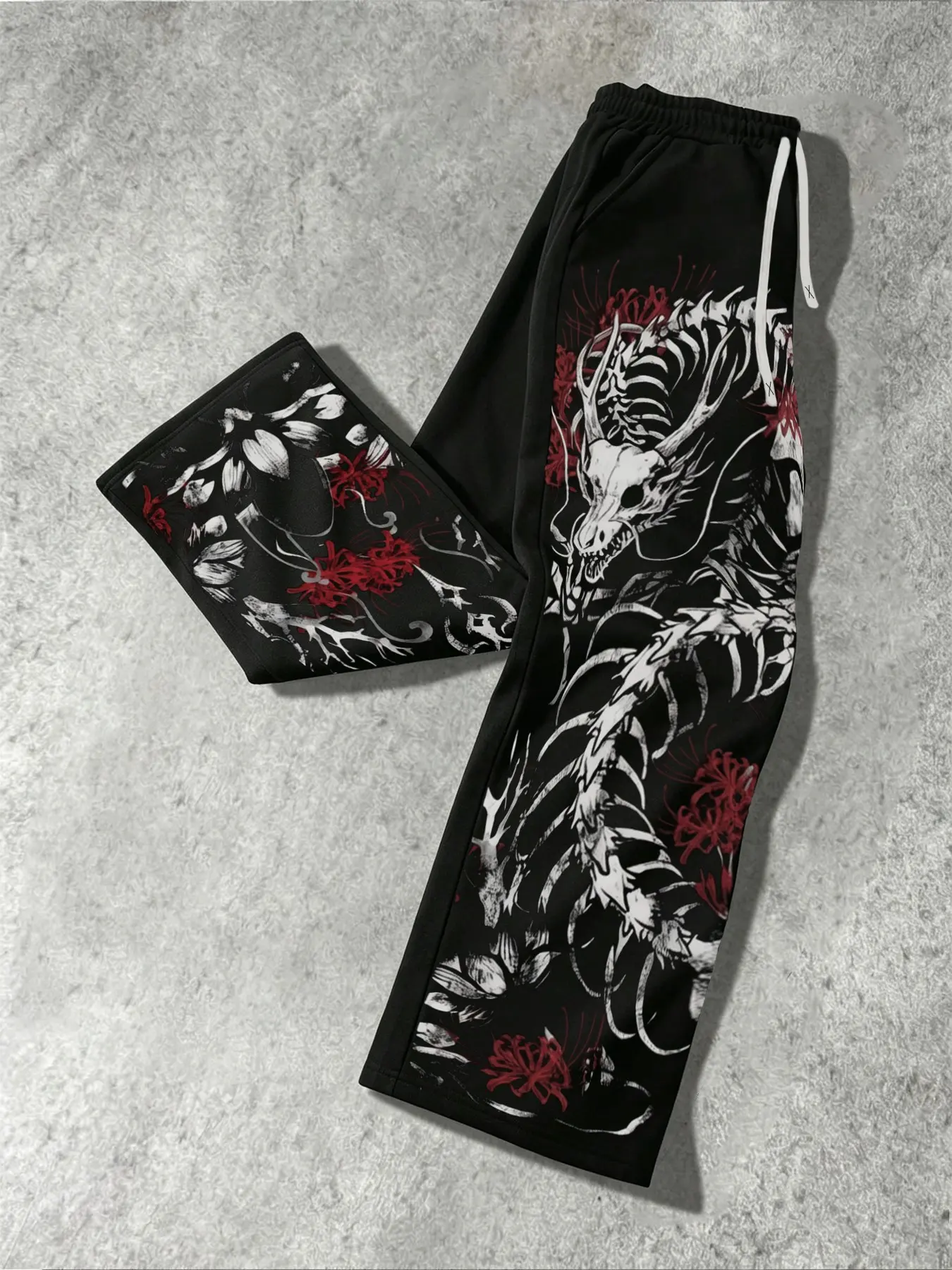 Men's Dark Gothic Wide-Leg Pants, Loose Drawstring Trousers With Dragon Skeleton And Red Spider Lily Prints, Suitable For Street Outfits, Music Festivals And Daily Wear, Streetwear