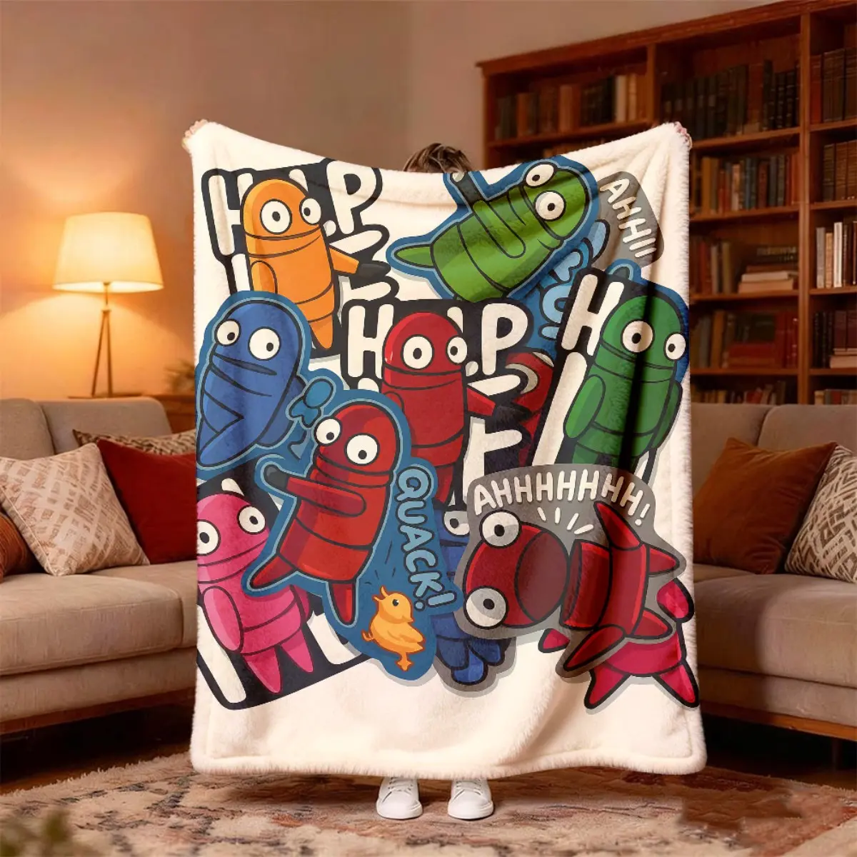 Rainbow Friends Cartoon Doodle Sticker Print Flannel Blanket - All-Season Cozy Travel Blanket, Room Decor, Perfect Birthday Gift for Game Fans