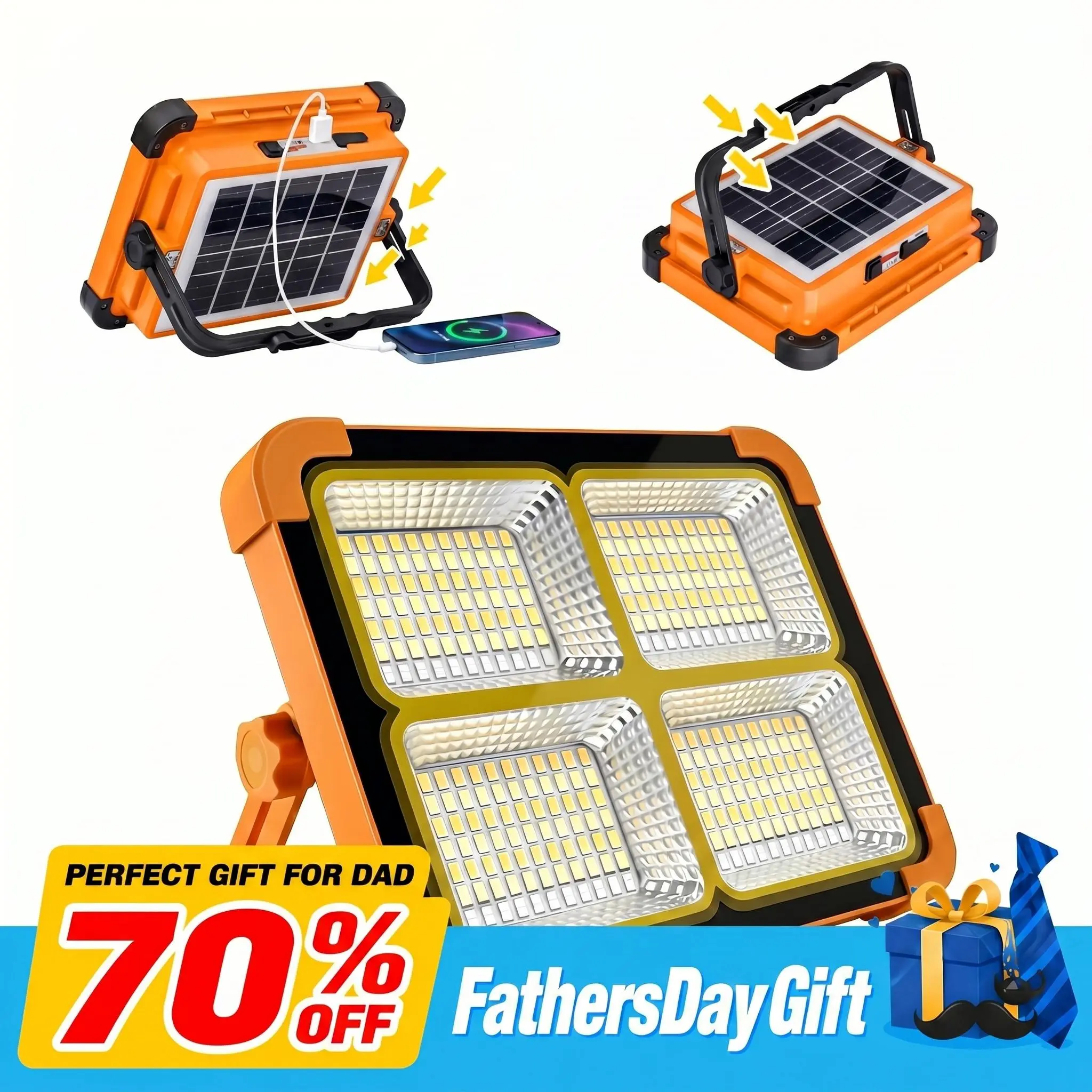Solar Rechargeable LED Work Light with magnetic closure, concealed hook,  288 Super Bright 2835 Beads Floodlight with USB,  5 Lighting Modes