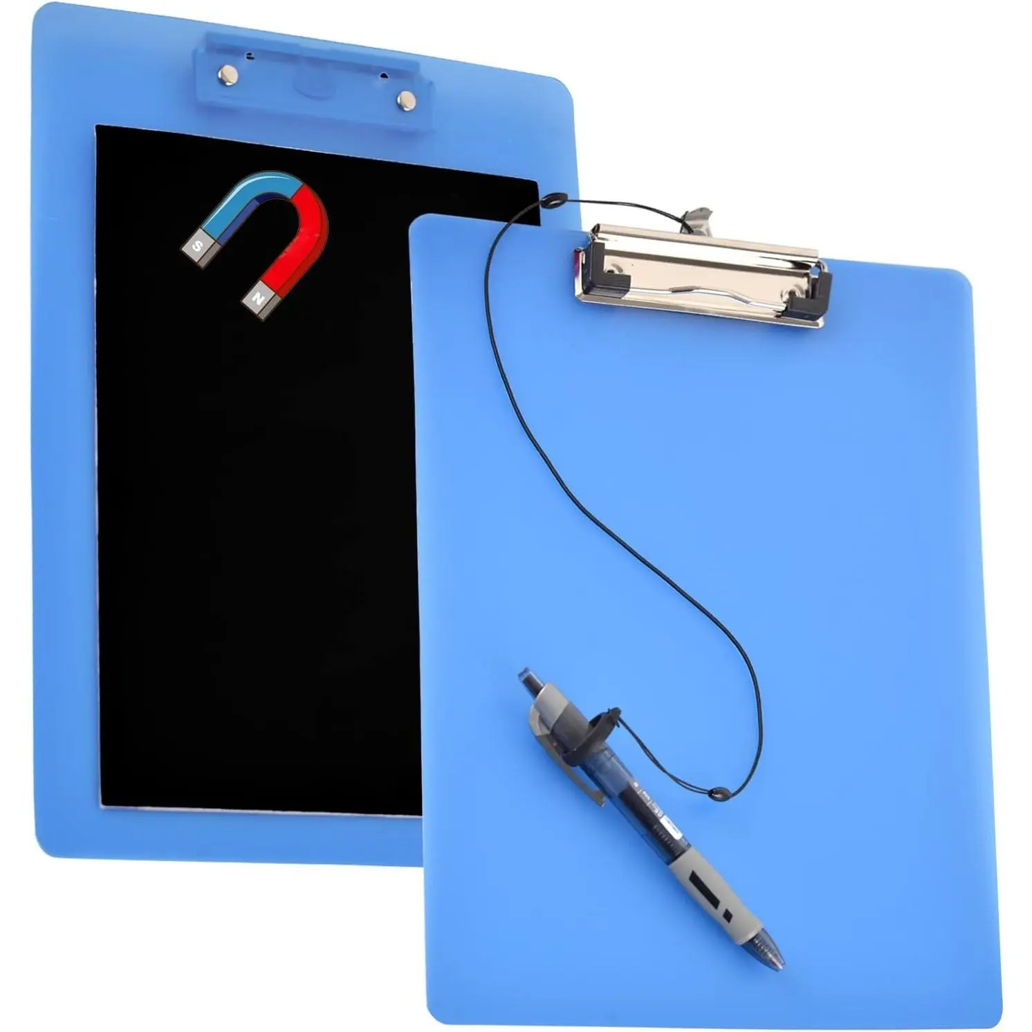2-Piece Blue Magnetic Clipboards with Pen Holder - Letter Size, 9x12.5 Inch, Standard Clip for Office, Refrigerator, Home, Classroom, Factory