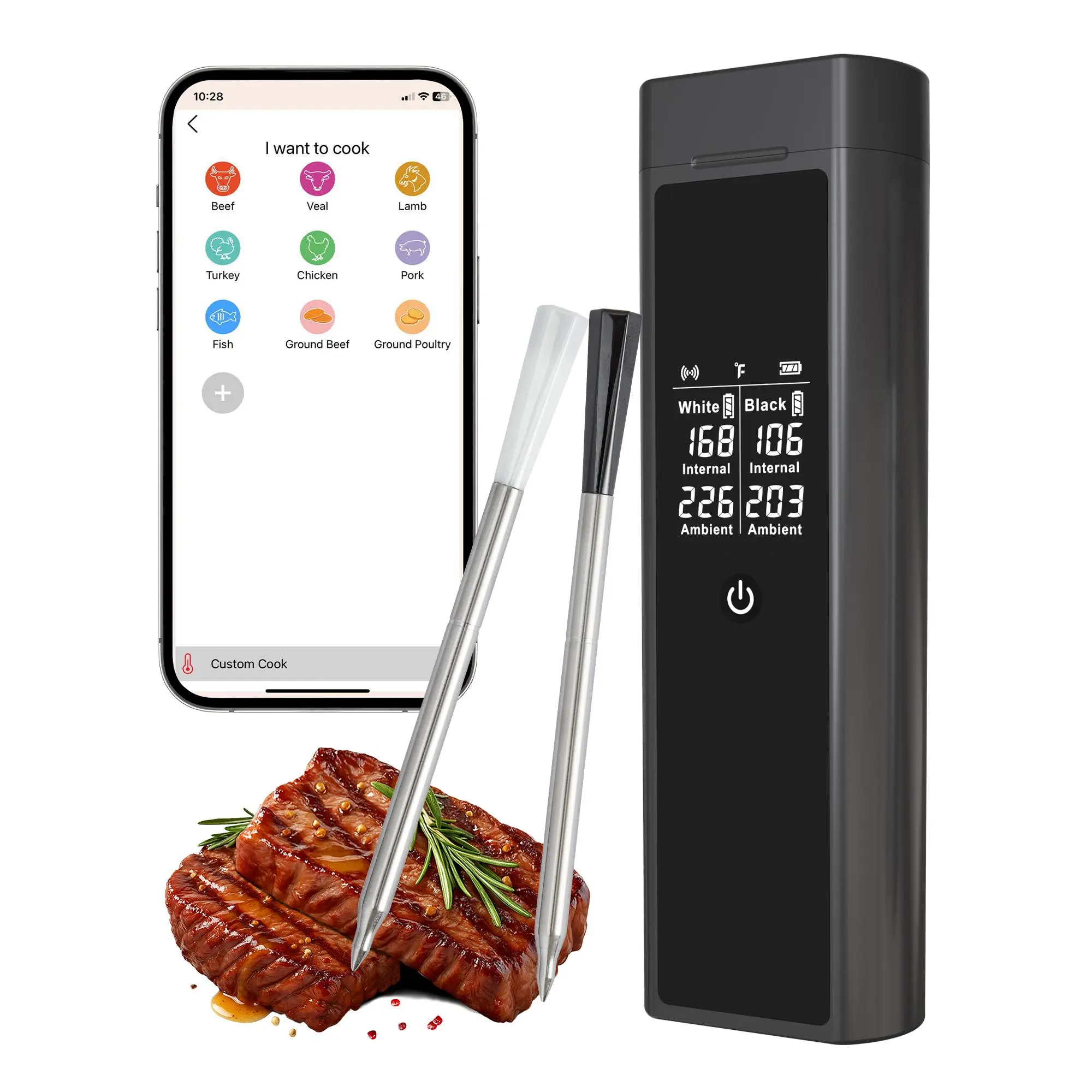 Garvee Wireless Meat Thermometer - Single Probe - App-Controlled with Display Base, 820ft Range, Dual Sensors, IP67 Waterproof, 48H Rechargeable Battery