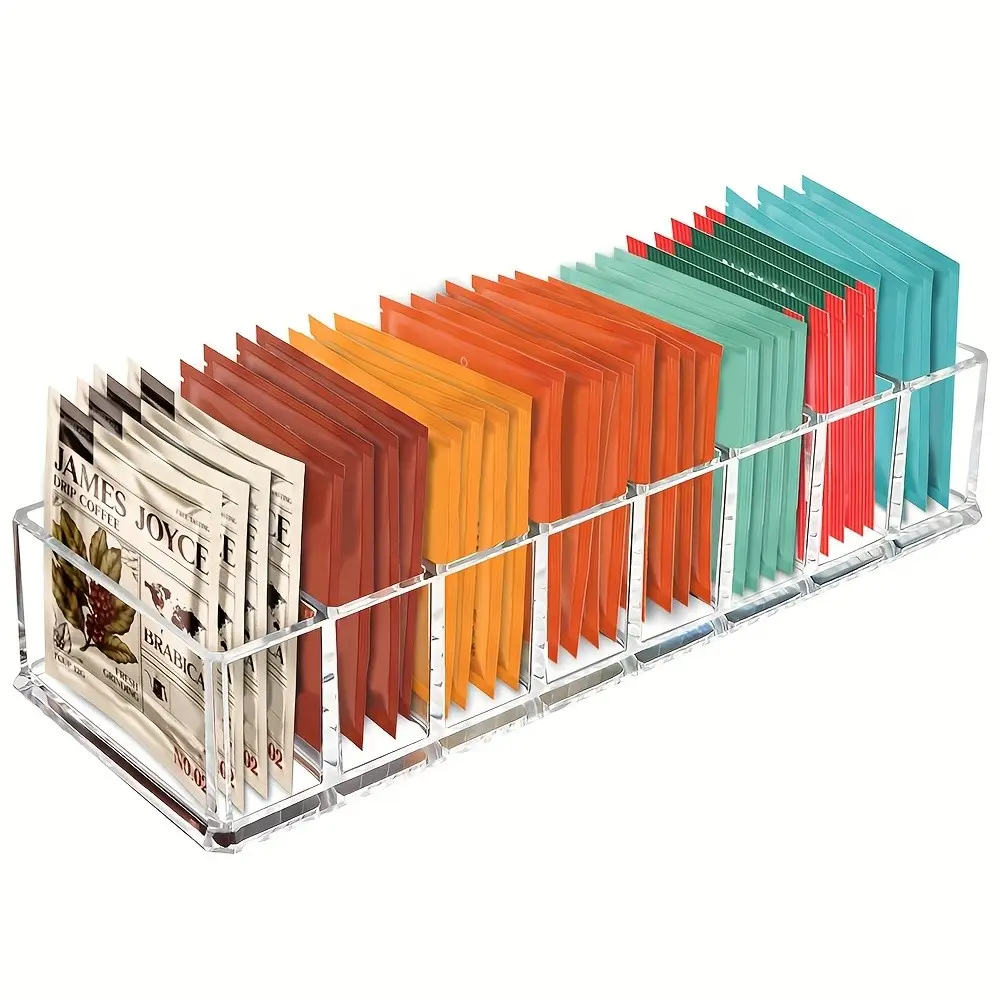 1Pcs Acrylic Tea Bag Organizer Holder for Kitchen Pantry Cabinet, Countertop Keeper, Clear Tea Storage Box Station Bin Caddy Holds Beverage Bags Sweeter ketchup packets Spice Pouches Dressing Mixes