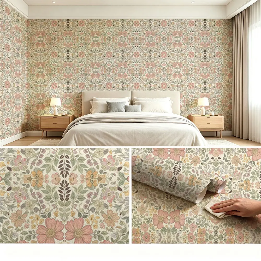 Vintage Floral Wallpaper Roll, PVC Material, Peel-And-Stick, Ideal for Living Room, Kitchen, Bedroom, Wall Decor, Mould-Proof