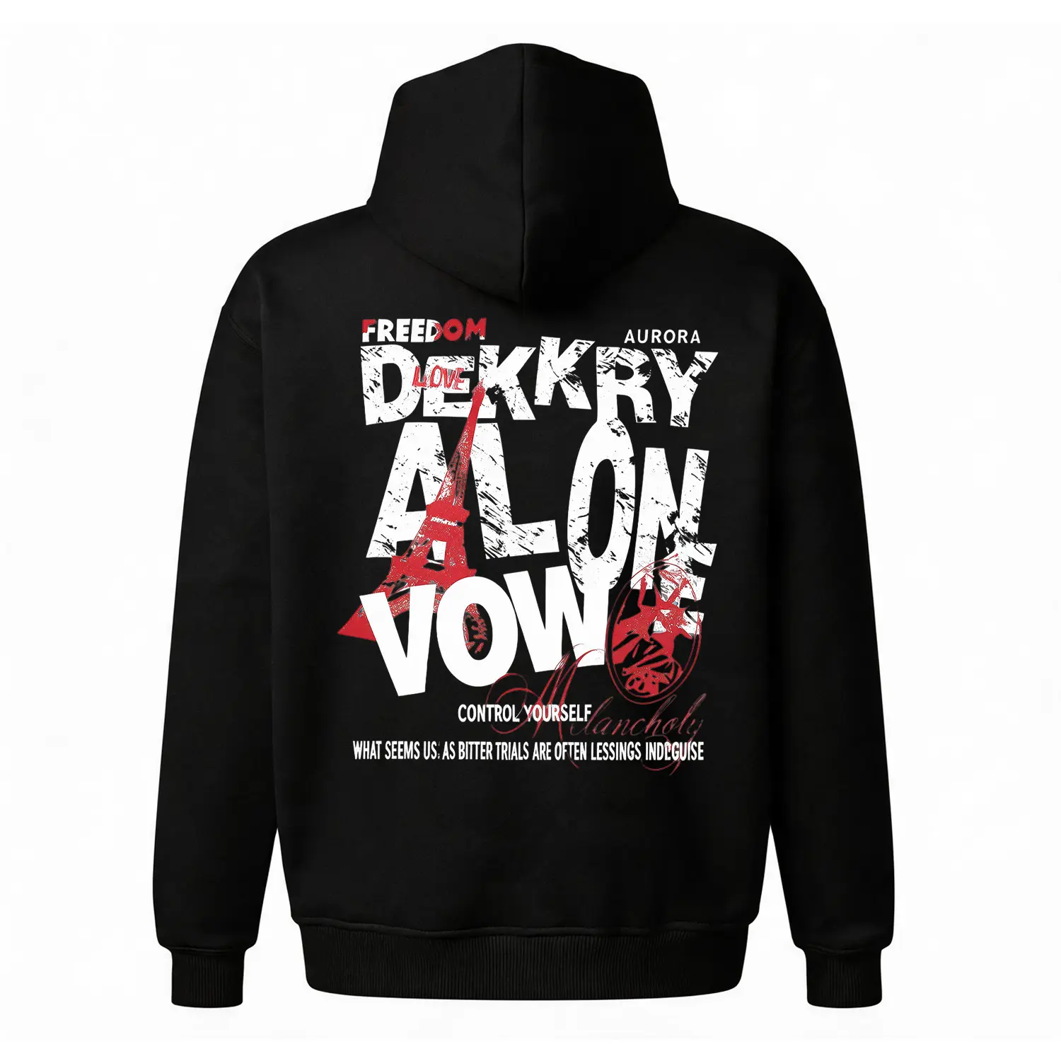 Grunge Typography "Melancholy" Hoodie |   Paris Eiffel Tower Back Print Sweatshirt |   Dark Aesthetic Urban Pullover |   Oversized Unisex Fleece Top |   Edgy Vintage Text Hoodie for Men & Women