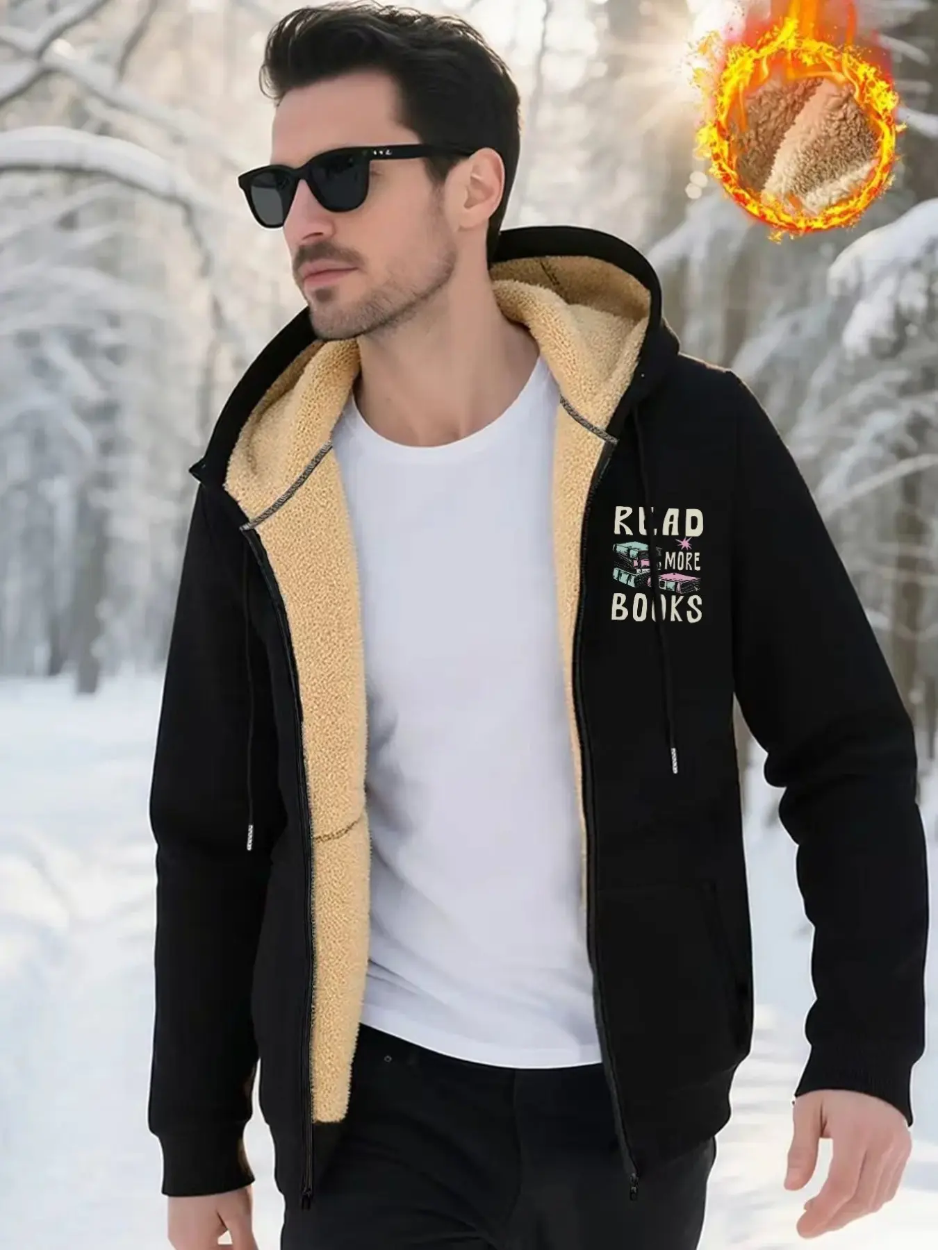Men's Cartoon Letter Print Hooded Zipper Sweatshirt, Loose-Fitting Long Sleeve Casual Winter Coat, Thickened Warm Fleece Jacket