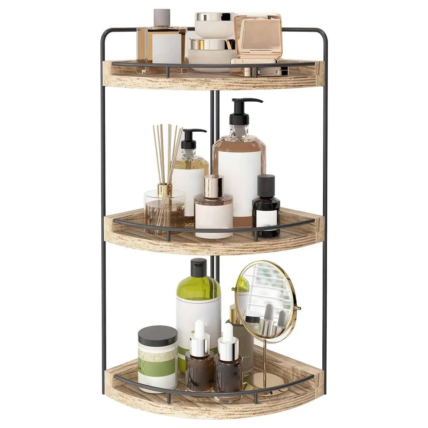 Single-piece Three-tier Vintage-style Countertop Corner Storage Rack, 16.93inch in Total Height, Light Brown Wooden Vanity Storage Tray; Space-saving Design, Suitable for Bathroom, Kitchen, and Bedroom Storage, Ideal for Both Daily Placement