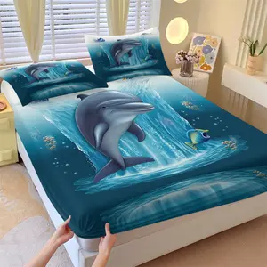 Cartoon Dolphin Ocean Theme Fitted Sheet Set - 1 Bed Sheet & 2 Coreless Pillowcases - Soft Skin-Friendly Fabric Anti-Slip Deep Pocket Mattress Protector - Fresh Natural Style Bedroom Decor Kids Gift