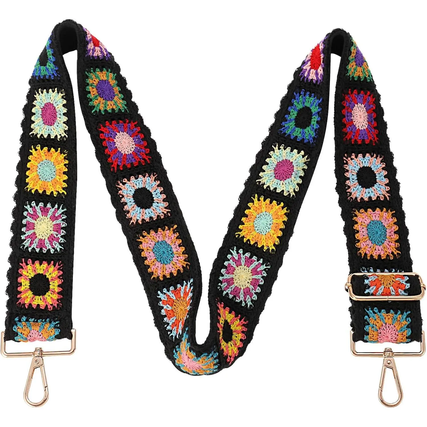 Wide Purse strap Crochet Flower  crossbody for Handbag | 2inch black flower adjustable Embroidery Knit floral Guitar    strap for handbags bag women fashion cute