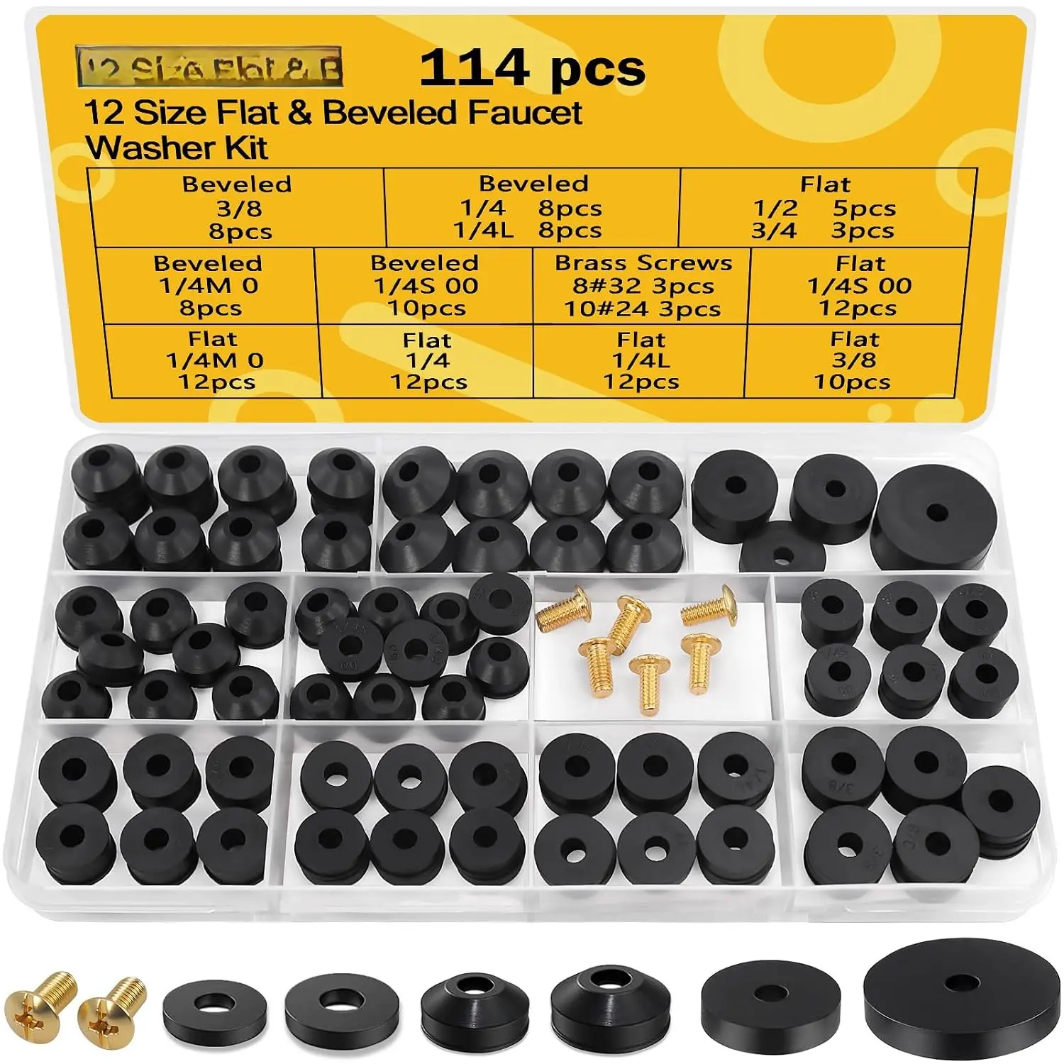 114- 12 Sizes Faucet Washers  Kit - Outdoor Spigot Repair Kit for Hose Bib, Water Valve - Flat & Beveled Faucet Rubber Washer , Brass Bibb Screws