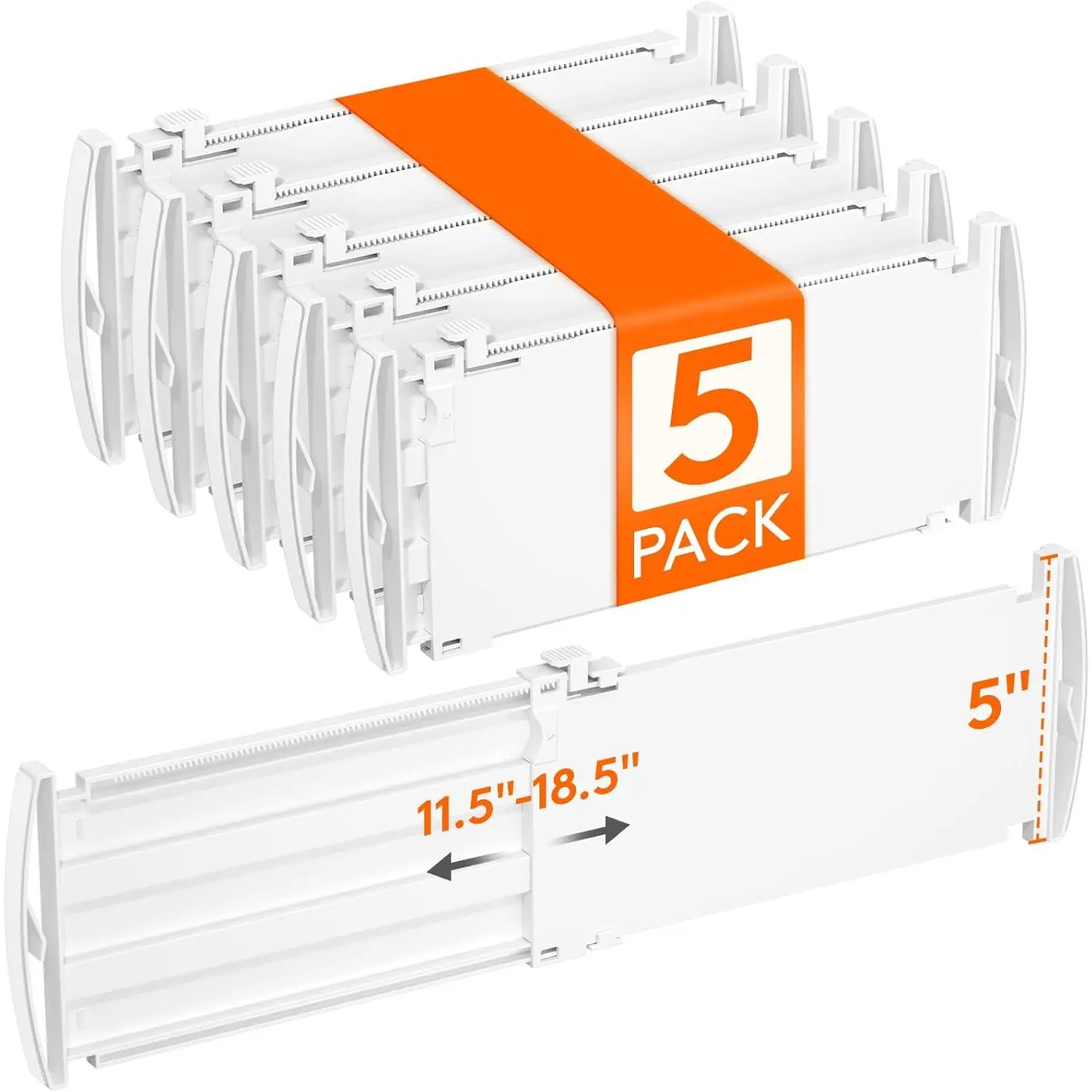 5" High 5 Pack Drawer Dividers, 11.5"-18.5" Adjustable Deep Drawer Organizer Clothes, Expandable White Plastic Separators for Dresser, Kitchen, Cabinet, , Office Organization & Storage
