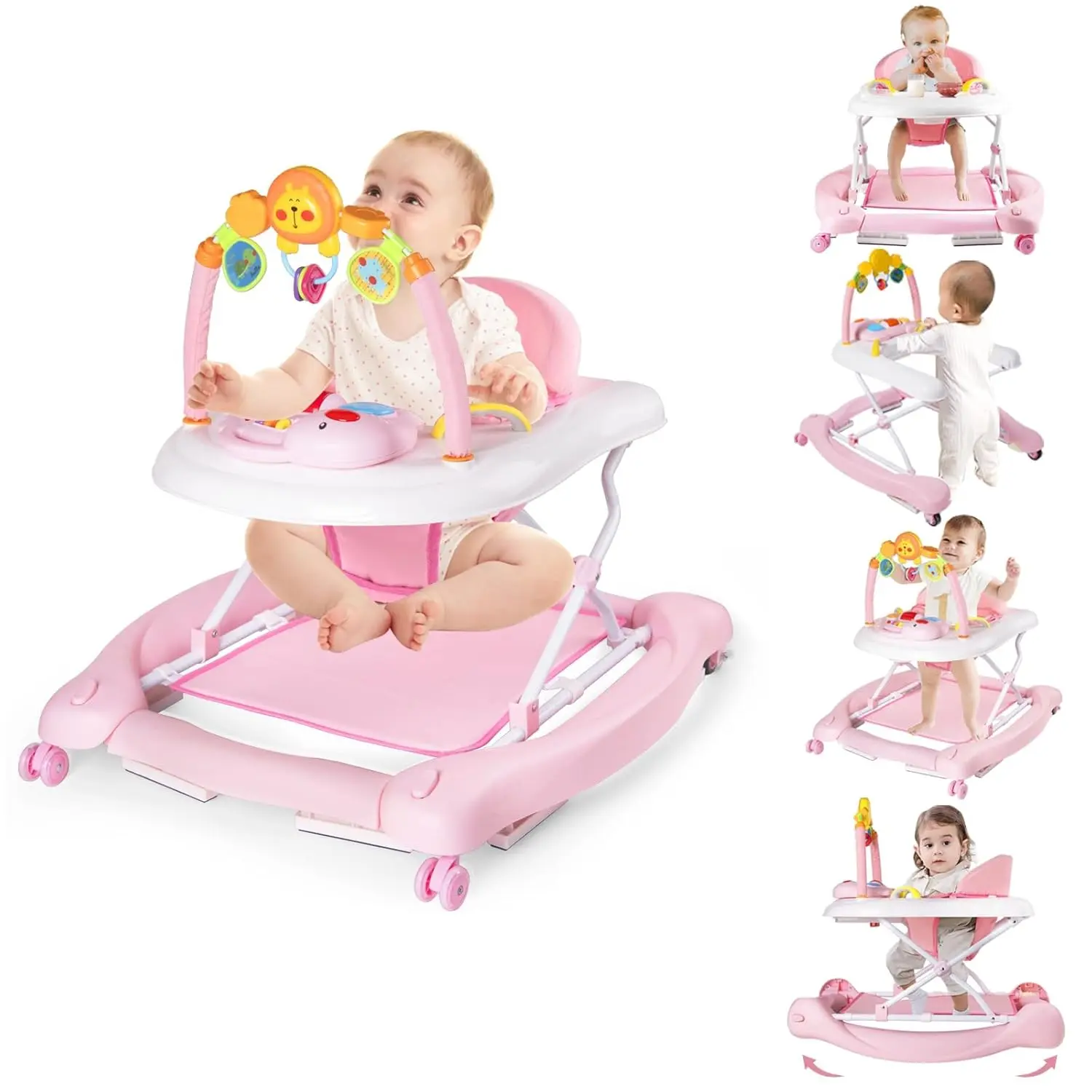 5-in-1 Baby Walker, Baby Walkers  Boys Girls 6-12 Months, Foldable Activity Walker, Toddler Infant Walker with Bouncer, Adjustable Height, Removable Footrest, Feeding Tray, Music