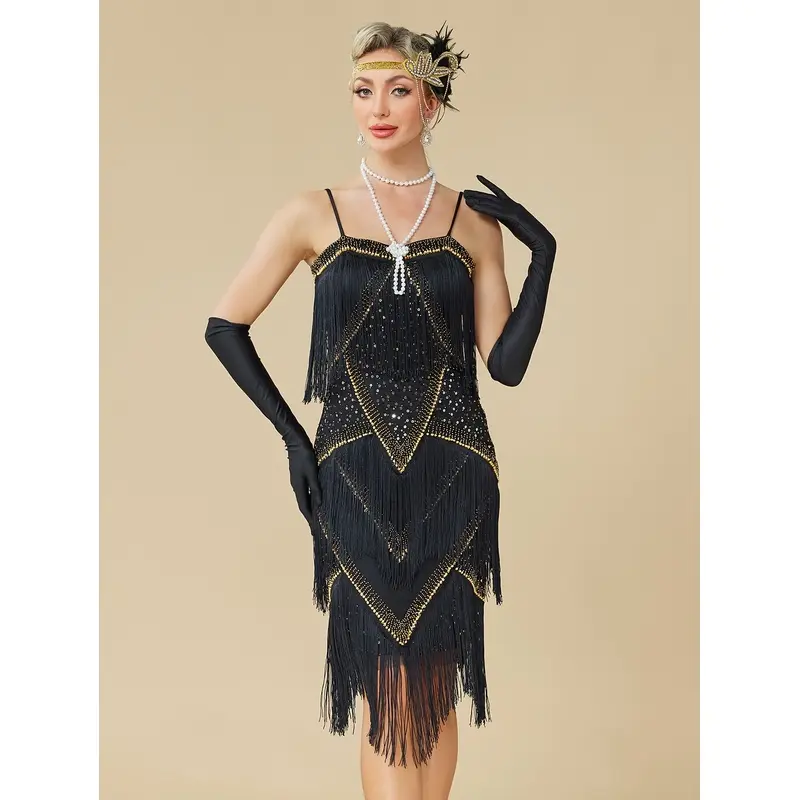 1920 Vintage Off-Shoulder/ Neck Dress - Sparkling Sequin Fringe Short Sleeve Dance Dress Suitable for Themed Parties, Gatsby Costumes, Prom & Banquets, Retro Beading Party Dress (No Gloves/Accessories)
