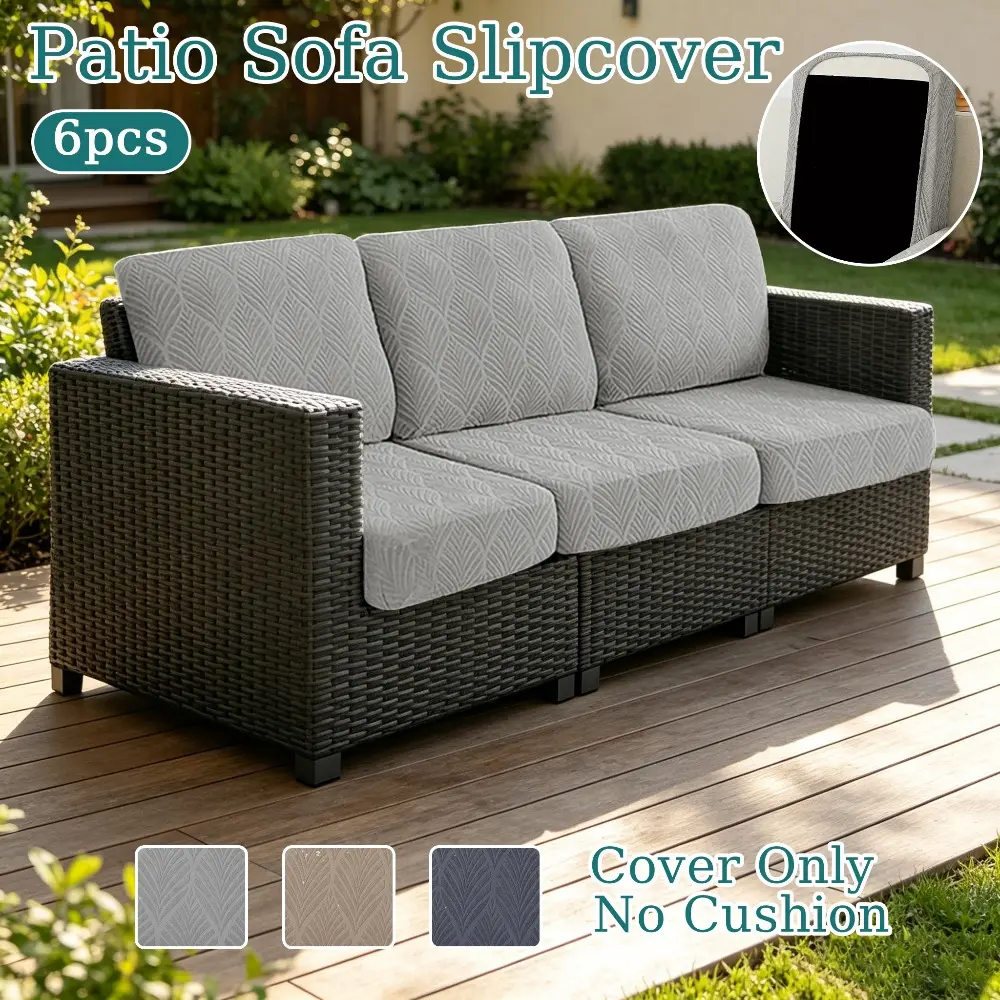 6PCS Waterproof Leaf Jacquard Sofa Cushion Cover Double Layer Waterproof Material with TPU Backing Film Patio Sofa Cover Soft Comfy Comfortable Durable Wear-Resistant Sofa Protective Cover Suitable for Outdoor Courtyard Patio Garden Sofa Cover Decoration