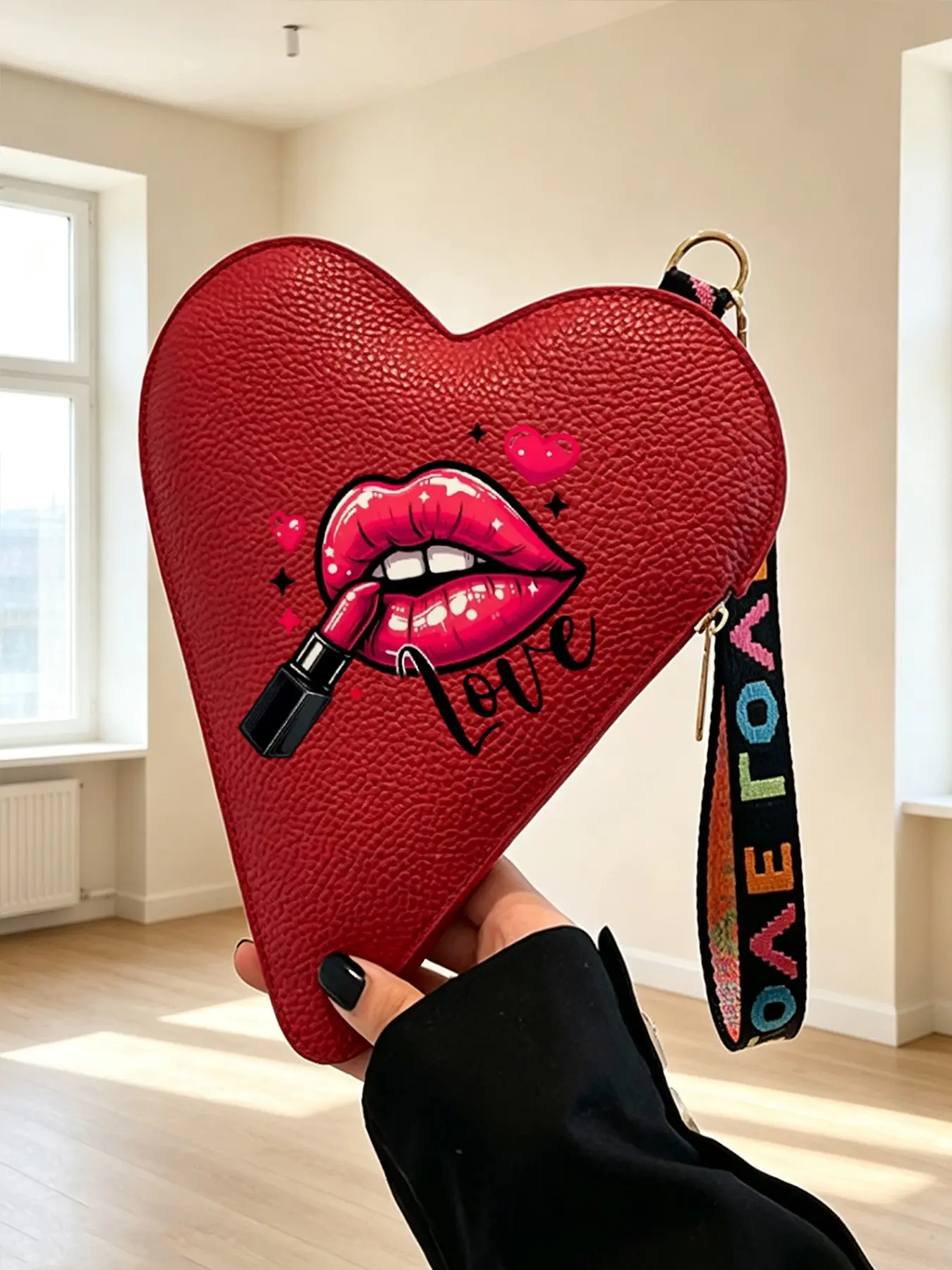 Y2K Lips Love Print Heart-Shaped Crossbody Bag, PU Leather Trendy Sling Shoulder Purse, Ideal for Dating, Party, Shopping, Gifts