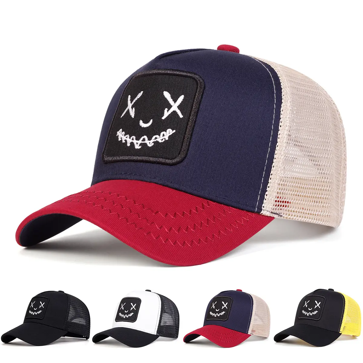 Adjustable New XX Smiley Face Embroidered Mesh Baseball Cap - All-Season Versatile American-Style Duckbill Hat, Breathable Sun Hat for Men & Women
