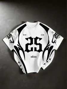 Men's Gothic Flame Number 25 Pullover V-Neck Jersey Short Sleeve, Graphic Print Round Neck T-Shirt, Comfortable Daily Wear, Relaxed Style