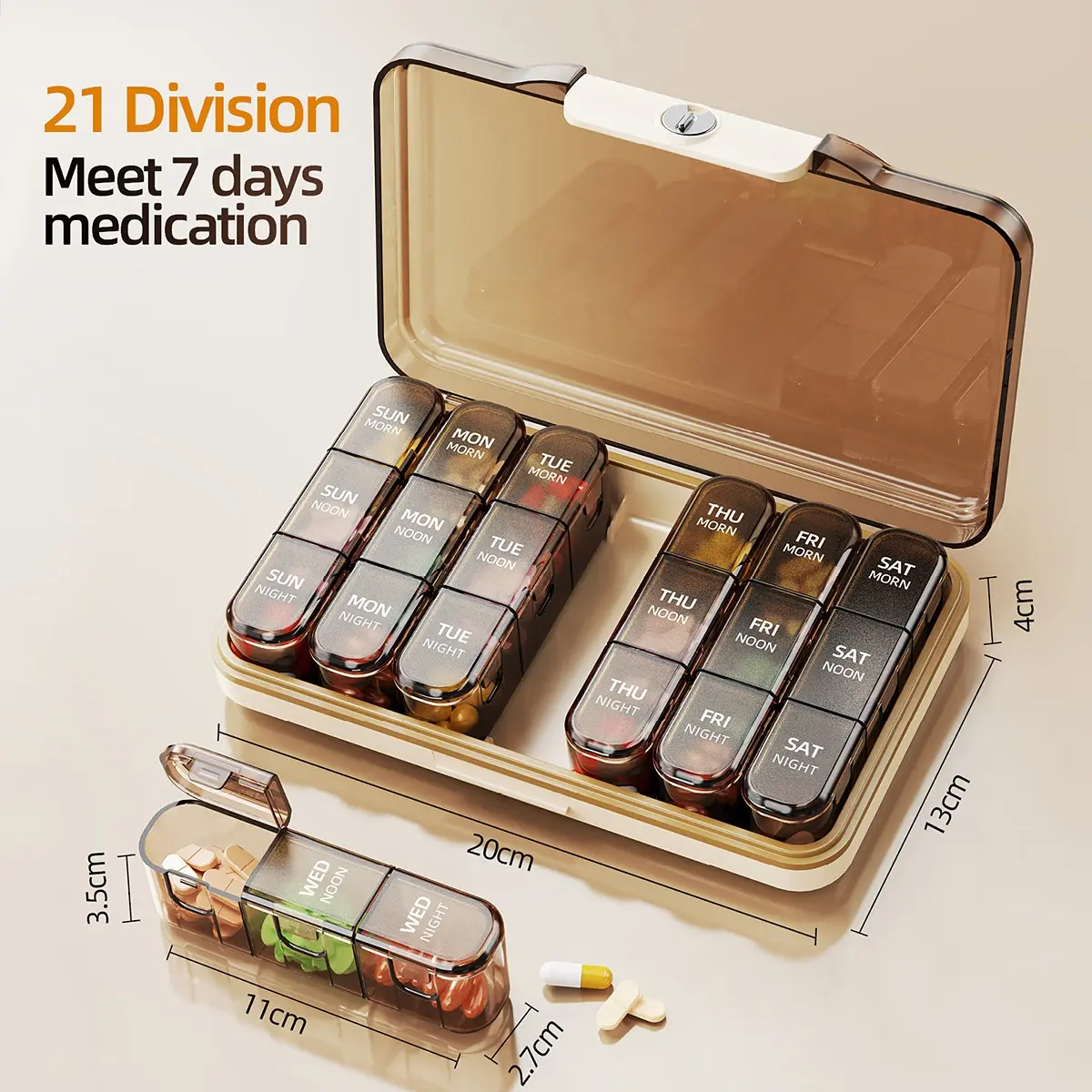 7-Day Pill Organizer Set, 21 Compartments, Weekly Medication Divider, Portable Medicine Reminder Box, Elderly Dosage Dispenser
