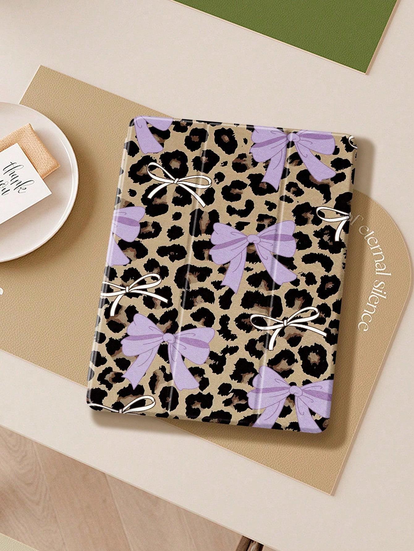 Leopard Bow IPad tablet Case, Compatible with Ipad 10th gen,ipad Mini 4/5/6/7, 2024 air 11inch, 11th 2025, 2019/2020/2021 10.2inch, air 5/6/7, and Samsung A7/A8/A9/S7/S8/S9, Automatic Wake Up/Sleep/built-in Pen Slot, Three-fold Protective Tablet Case