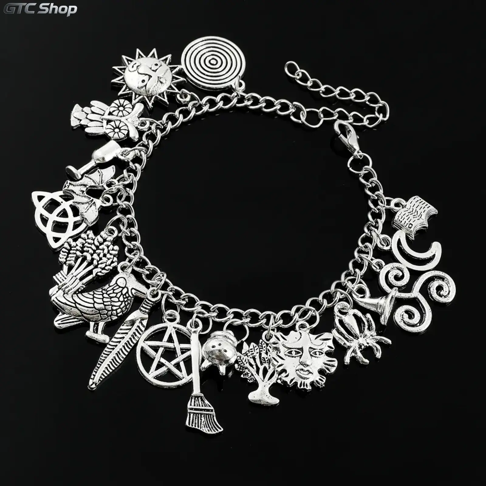 Vintage Gothic Witchy Charm Bracelet, Silver-Tone Celestial Jewelry with Moon Sun Tree of Life Owl Pentagram Charms, Boho Dark Romance Wrist Accessory, Mystical Symbol Gift for Women Holiday Gifting