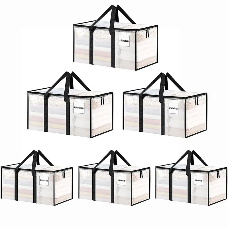 Large Capacity 6 Pack Foldable Clear Plastic Storage Bins with Hinged Lids, Thick Sturdy Rectangular Organizer Bags, Multi-Purpose Storage for Apartment Home Travel