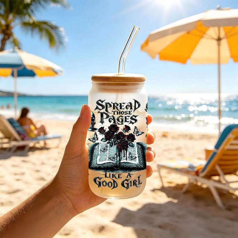 Gothic Skull Rose & Book "Spread Those Pages Like A Good Girl" Design 16oz Glass Can Cup with Lid and Straw, Reusable Glass Drinking Cup, High-Quality Glass Jar for Iced Coffee, Beer, Juice, Cold Drinks, Dark Aesthetic Fashionable Glassware, Perfect Gift