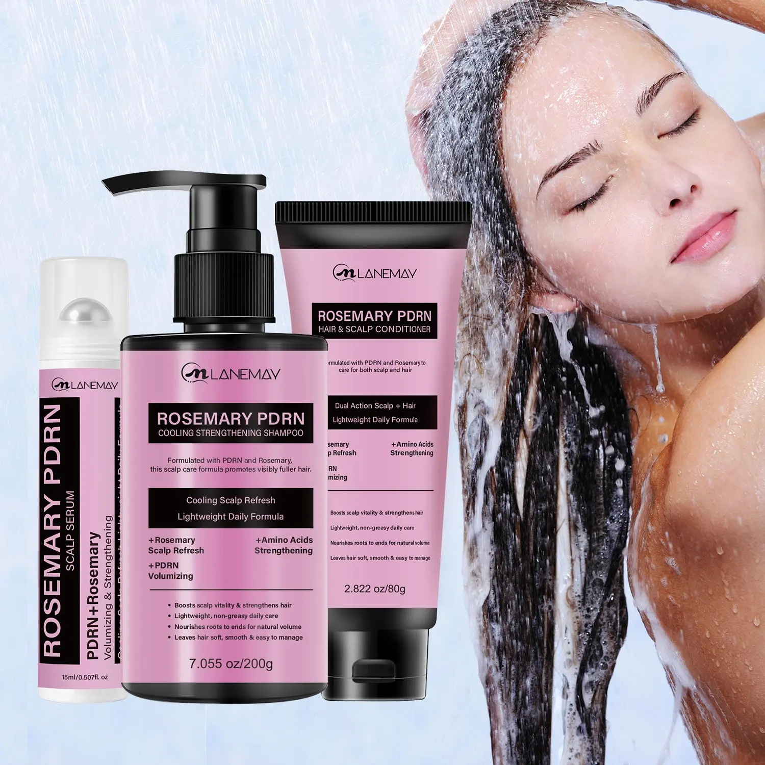 LANEMAY Rosemary Cooling & Strengthening Shampoo and Conditioner Set (200g + 80g + 15ml) | PDRN + Amino Acids Nourish Hair Roots | Cooling Scalp + Strengthening | Scalp & Hair Roots | Adults Hydrating Shampoo Conditioner