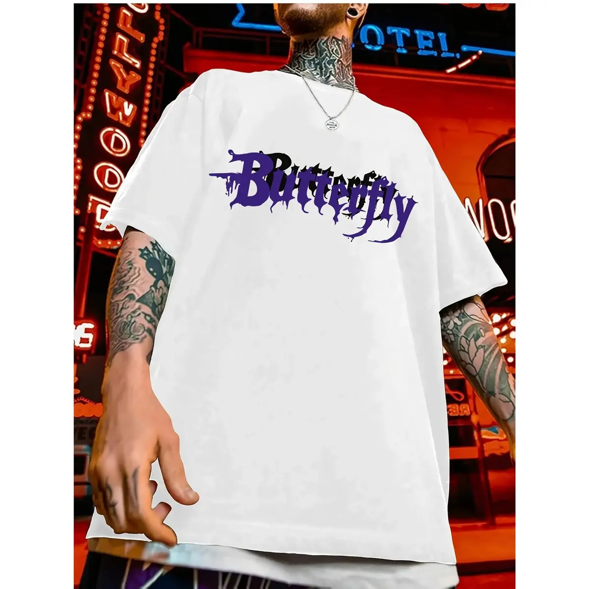 Men's Y2K Purple Butterfly Graphic T-Shirt - Oversized Relaxed Fit, Breathable Summer Casual Tee with Round Neck, Machine Washable for Home, Outdoor & Festive Occasions, Home Comfort Wear