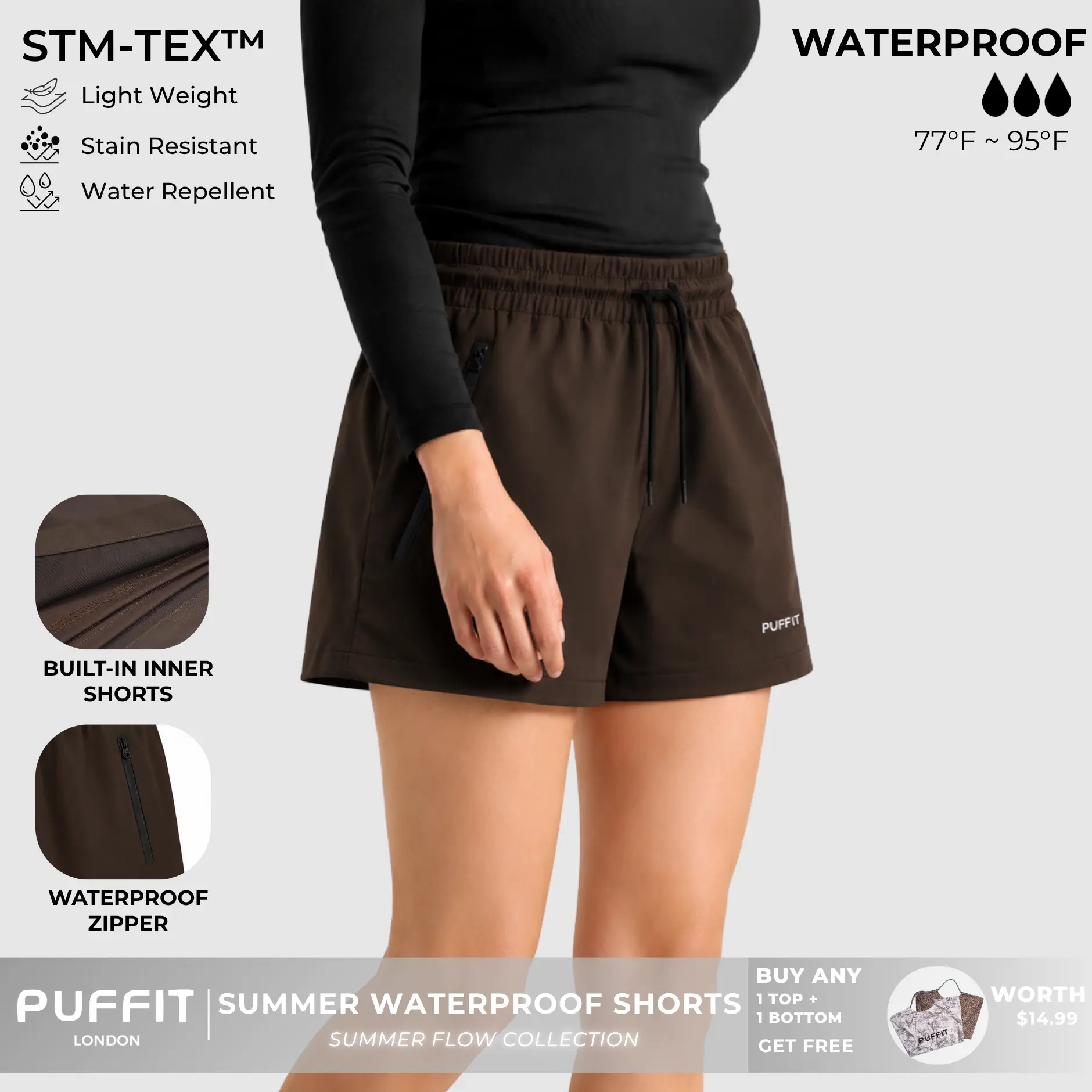 PUFFIT STM-TEX Waterproof Drawstring Summer Shorts With Built-in Inner Shorts,Stain Resistant,Waterproof,Sport,Running,Cycling,School Running,Summer,Comfortable,2026 Shopping