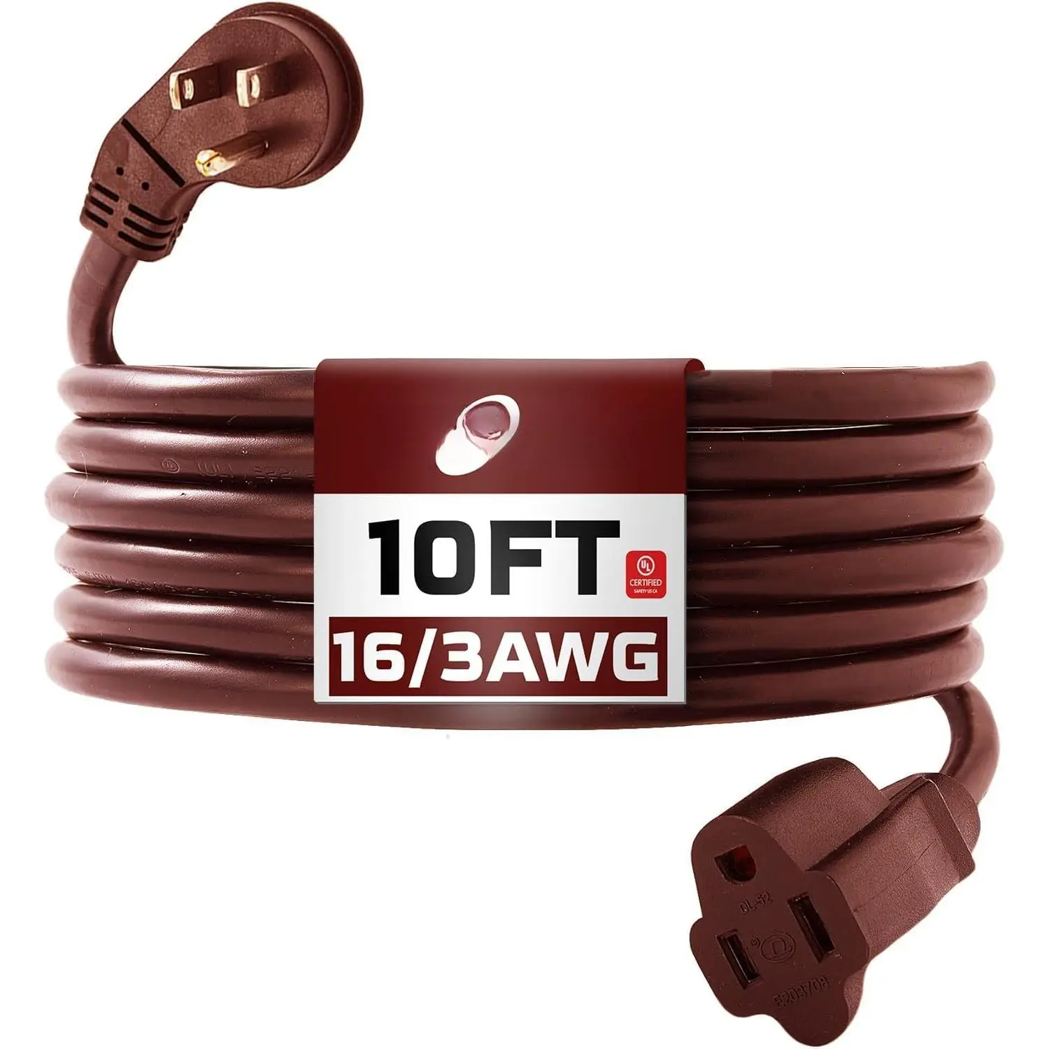 Indoor Flat Plug Brown Extension Cord 10ft, UL Certified, 16/3 SJTW 3 Prong Heavy Duty, 16 Gauge 13A Power Cord for Lights, Appliance, , Office