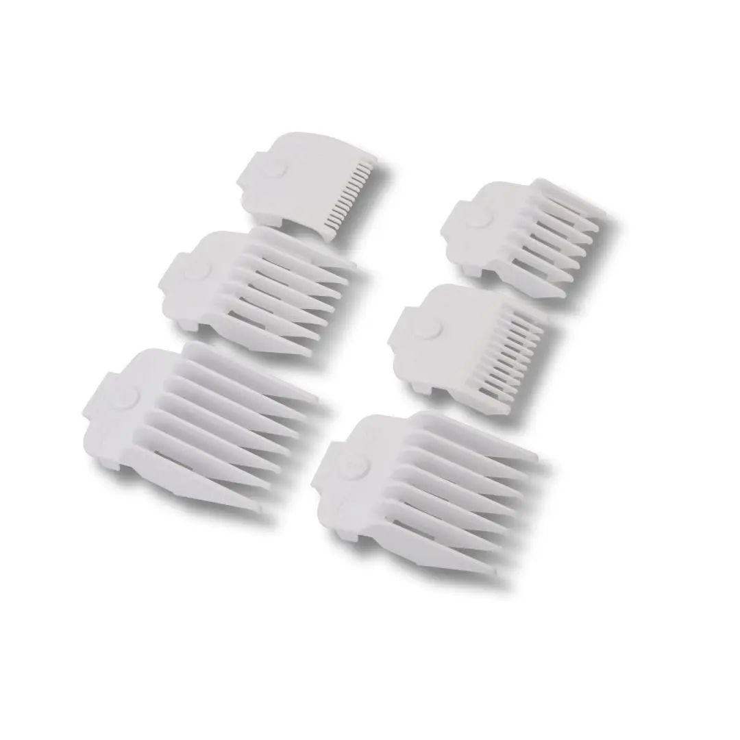 Professional Hair Clipper Guide Combs - 6-Piece White Solid Color Plastic Functional Haircare Accessories for Adults, Multiple Cutting Lengths for Hair Styling