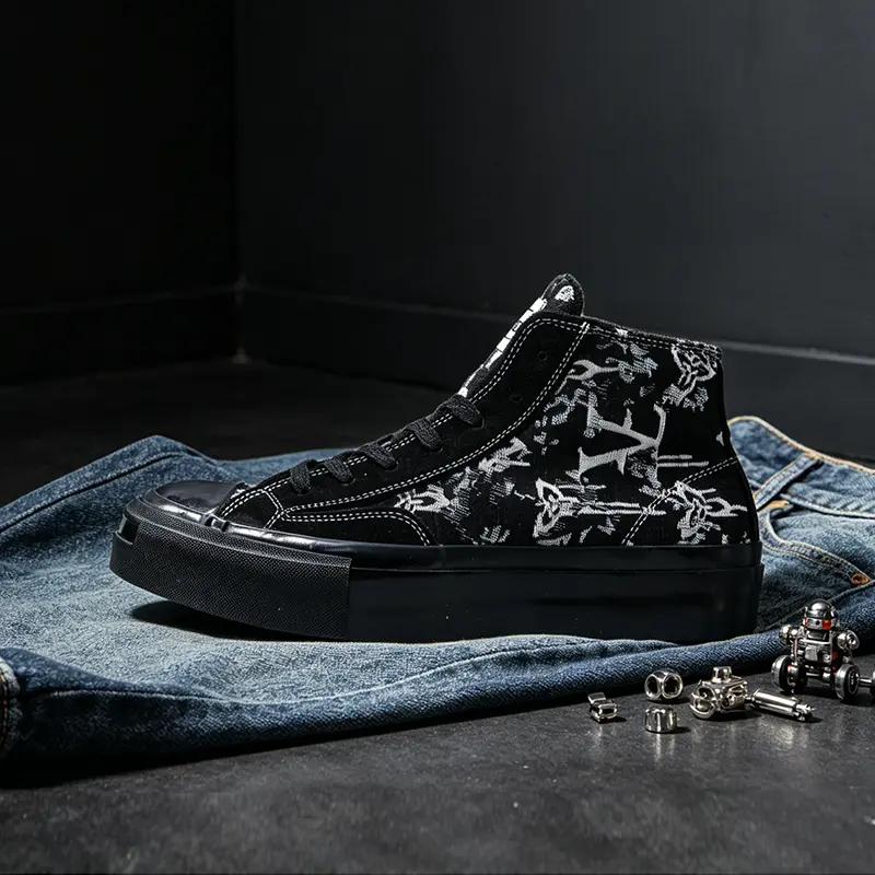 Unisex All Black Monogram Print High-Top Vulcanized Canvas Skate Shoes, Ankle-High Basic Breathable Dark Fashion Footwear with Glossy Platform Sole, Gothic Dark Streetwear Casual Shoes for All Seasons