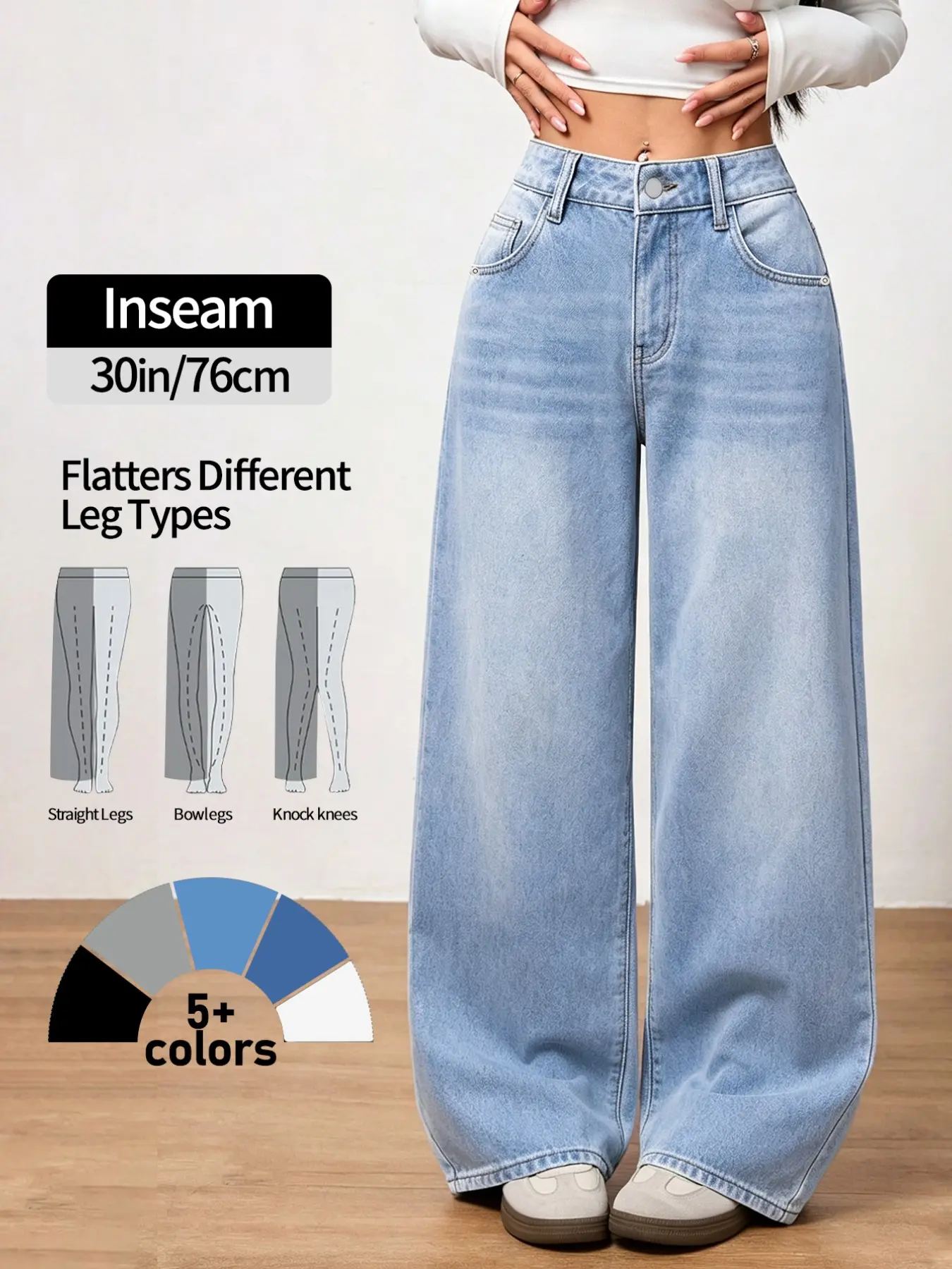 High-Waisted Wide-Leg Jeans, Plain Color, Loose Fit, Floor-Length, Casual Y2K Style, Button Fly, Pockets, All Seasons