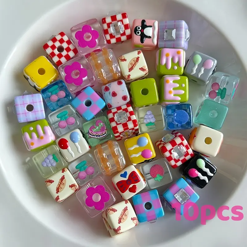 10pcs 14mm Square Beads, DIY Beads, Crafting Beads, Hand-Drawn Patterns, Nordic Style, for Bracelets, Phone Chains, Keychains, Pet Necklaces, Unique Accessories