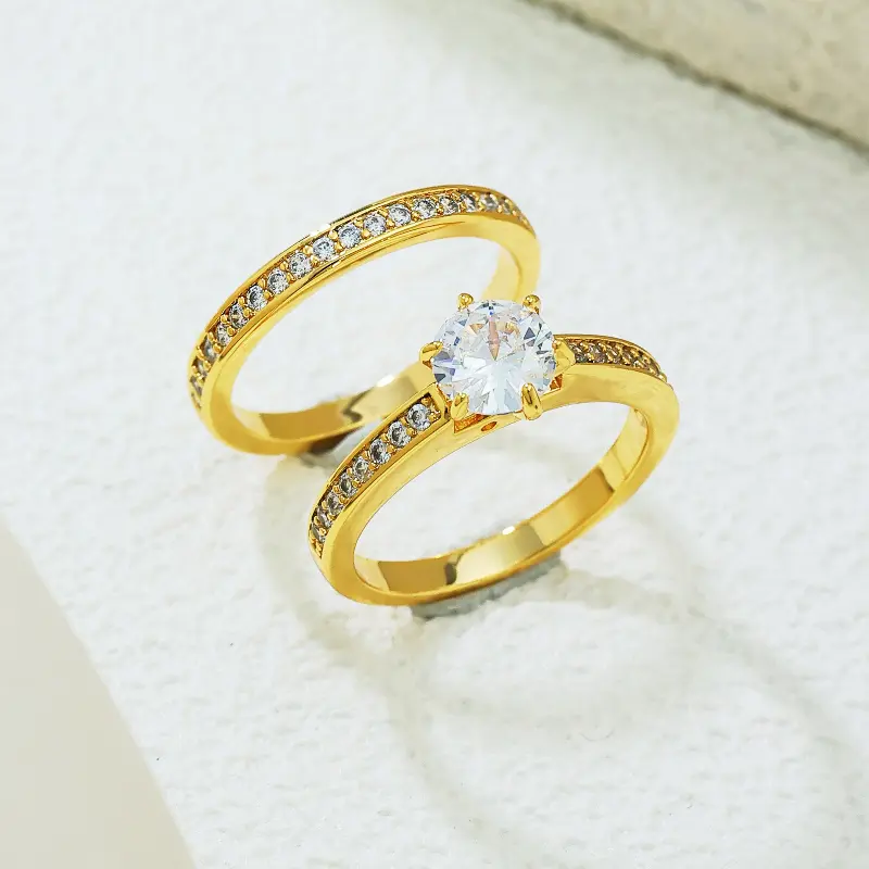 Women's Solitaire 2-Piece Ring Set, Bridal Engagement Band with Metal Coating, Create a Ring Stack for Wedding or Casual Wear, Wedding Ring Sets