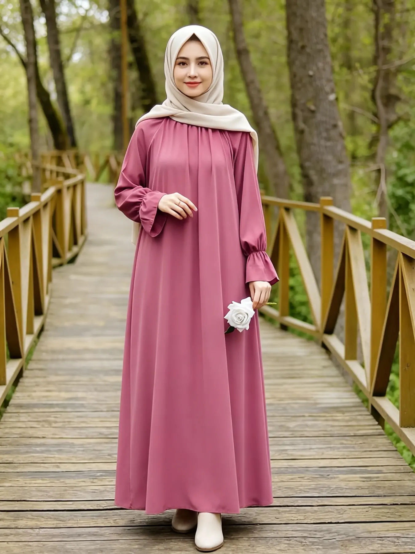 Women's Gathered Neck Flare Cuff Loose Abaya, Casual Modest Islamic Style, Ruched Round Neck, Long Sleeve, Full Length Maxi Dress, Modesty Abaya