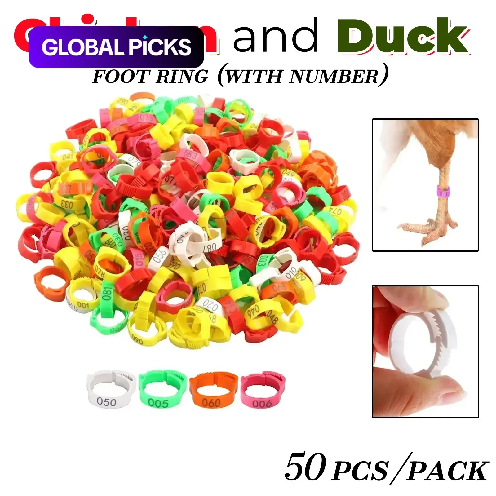 50-Piece Adjustable Numbered Poultry Leg Bands, Durable Plastic Foot Rings for Chickens, Ducks, Geese & Turkeys, Farm Animal Identification Tag Set #GLOBAL PICKS