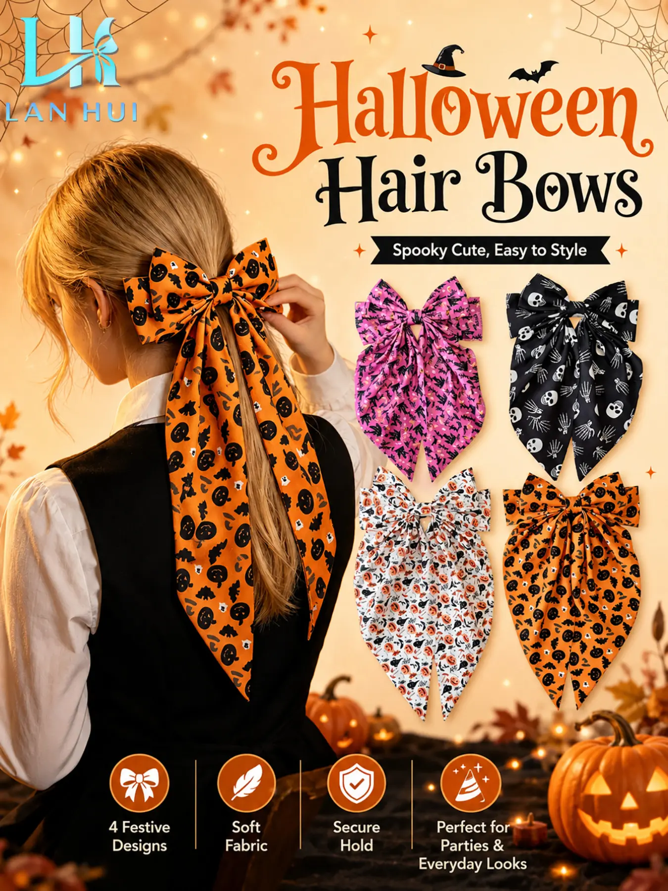 Halloween Long Tail Bow Fun Hair Clips Set, Cute and Spooky Style, Soft Fabric, Festival Party Accessories for Girls, 4 Pieces